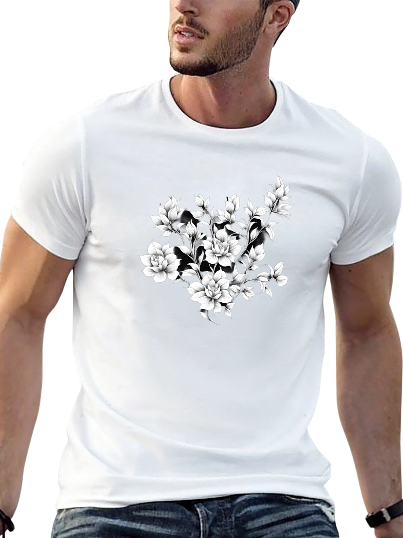 Elegant Floral Print Black T-Shirt