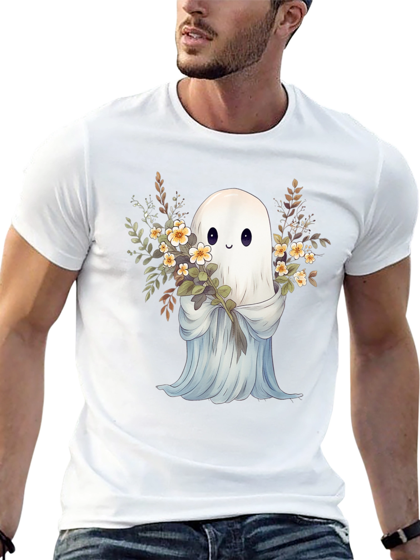 Cute Ghost with Flowers Black Graphic Tee