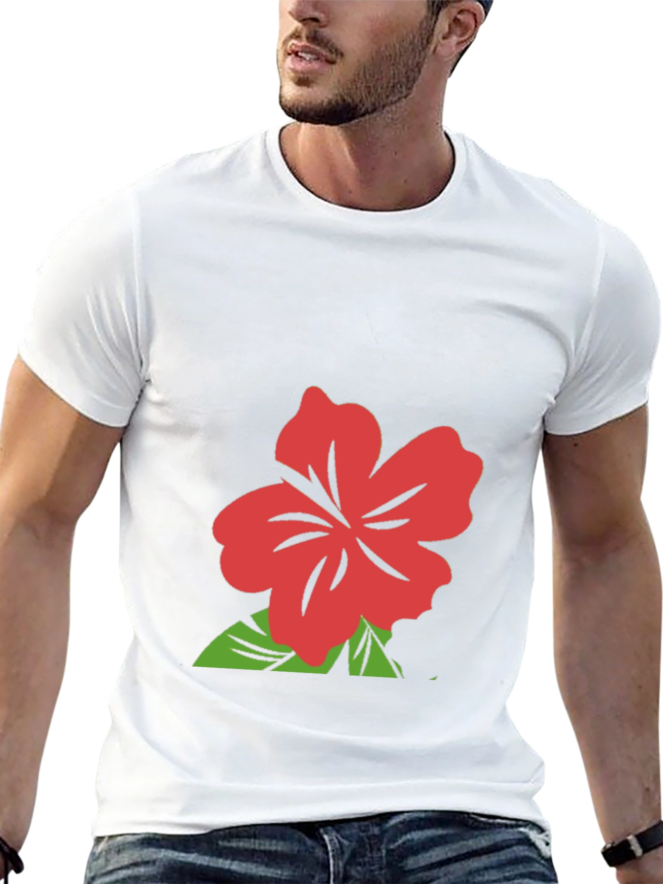 Black T-Shirt with Red Hibiscus Flower