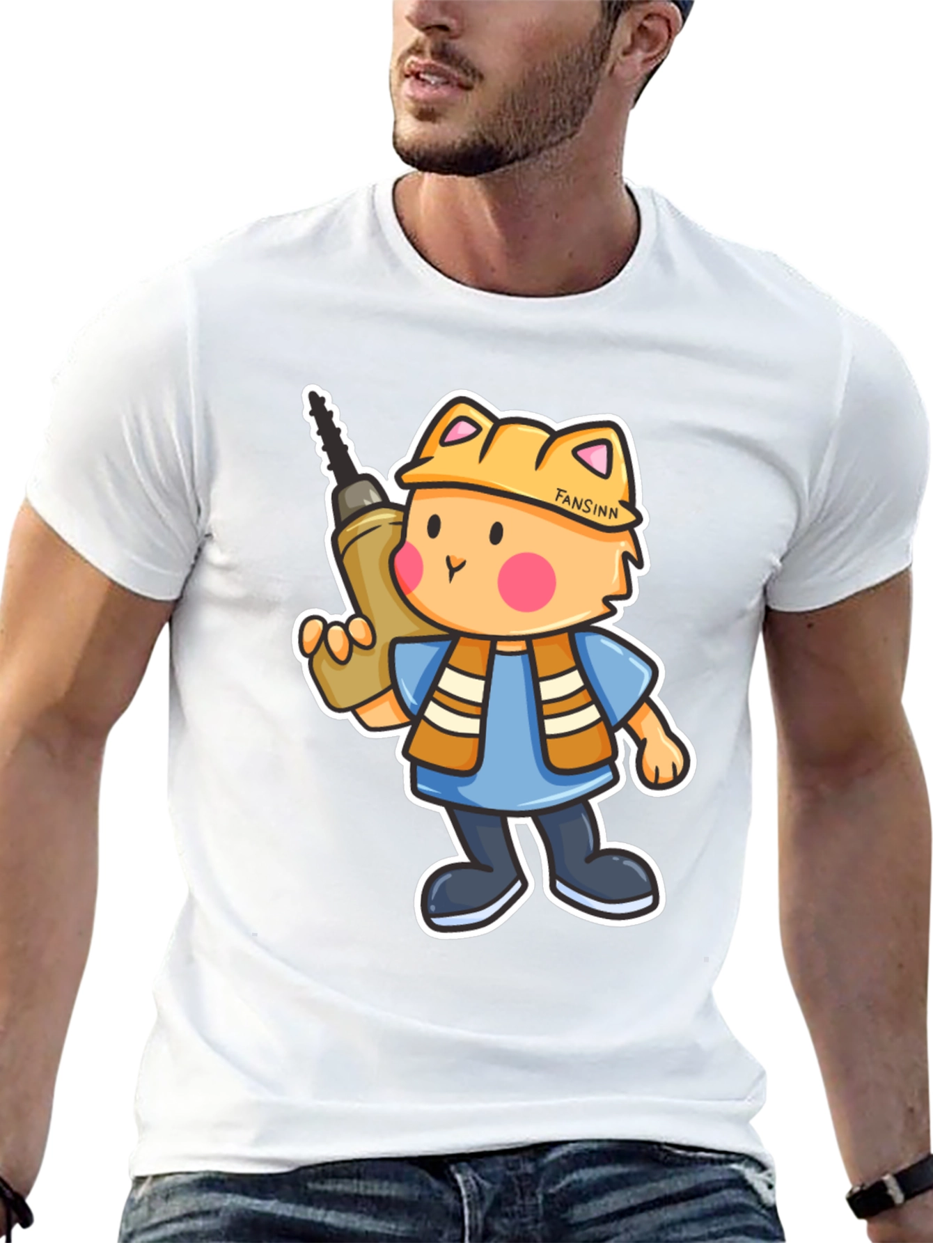 Cartoon Builder Cat Black T-Shirt