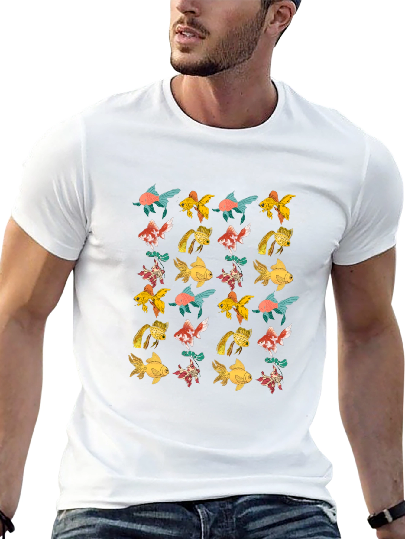 Black T-Shirt with Goldfish Pattern