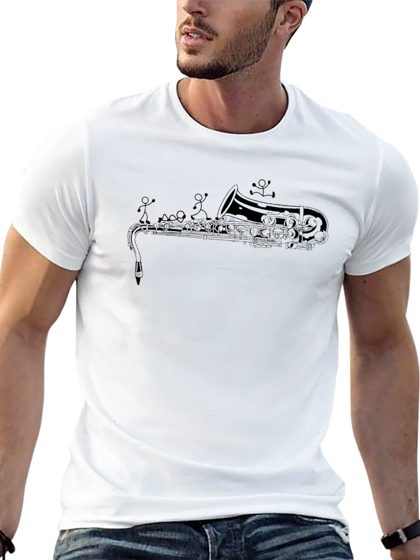 Saxophone Stick Figures Graphic T-Shirt - Unique Music Tee