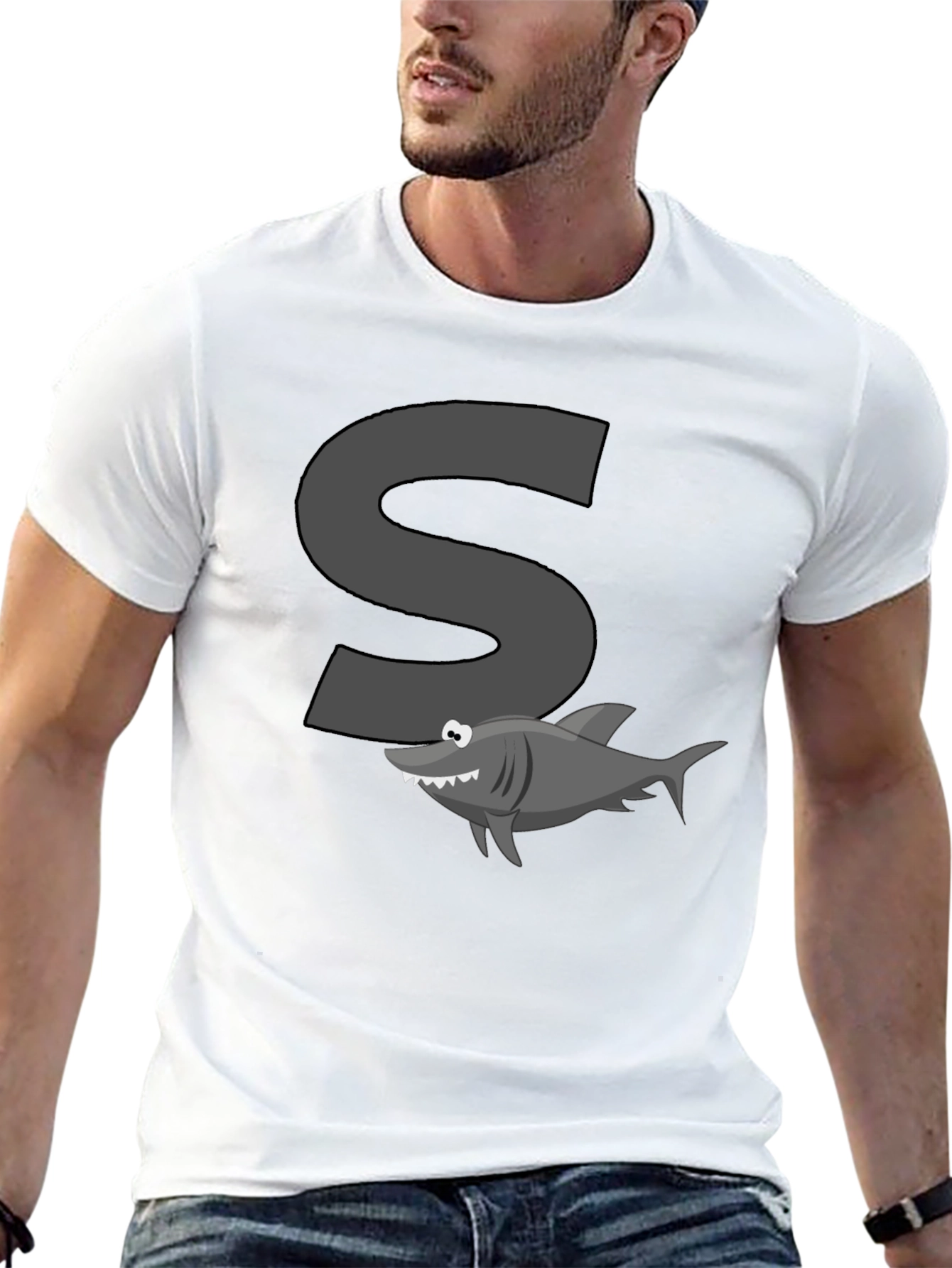 Shark S Letter Cartoon Black T-Shirt