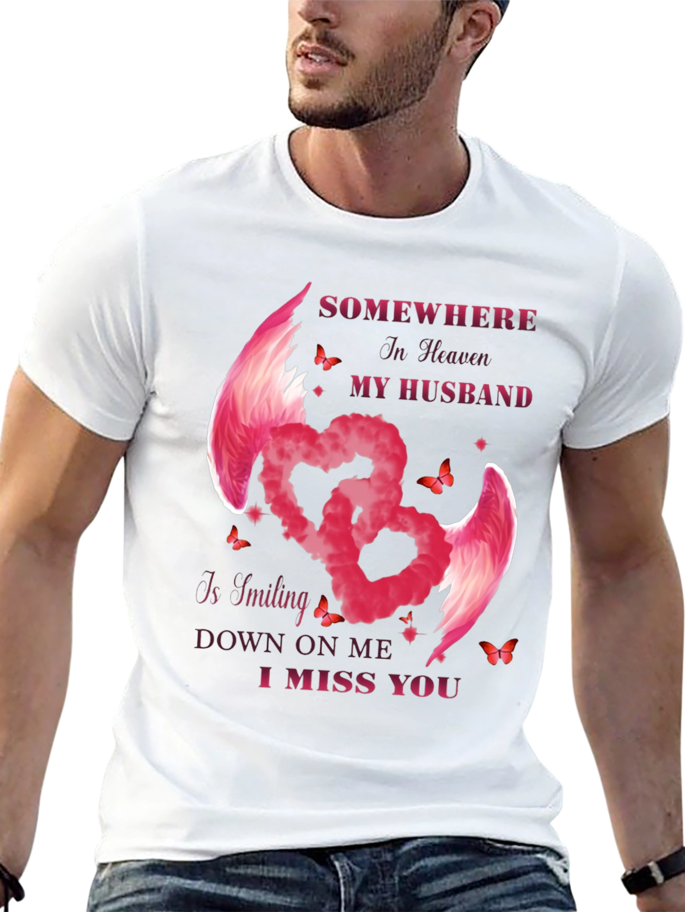 Husband Memorial T-Shirt - Angel Wings Heart Design