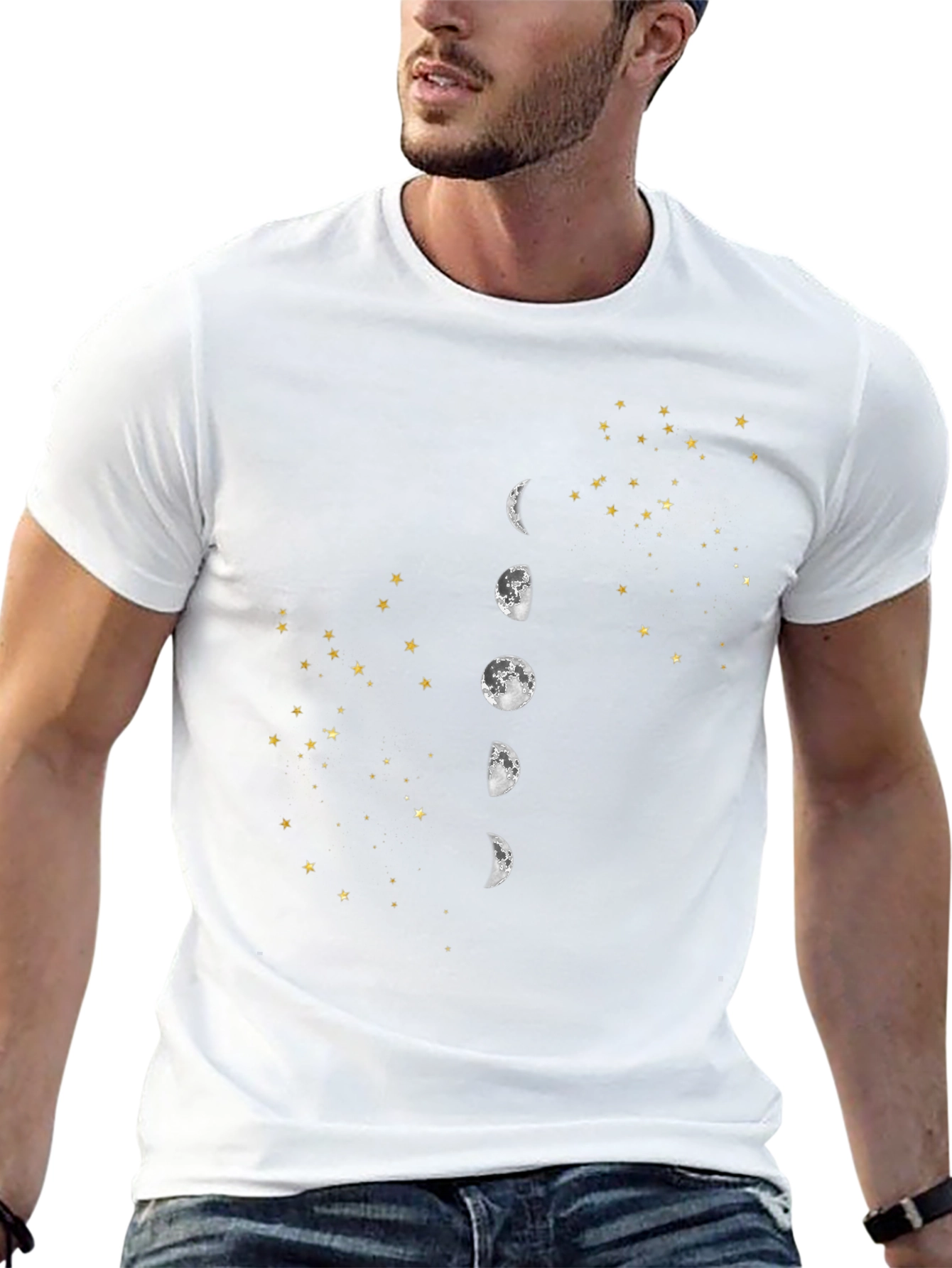 Lunar Phase & Starry Sky Graphic Tee - Black
