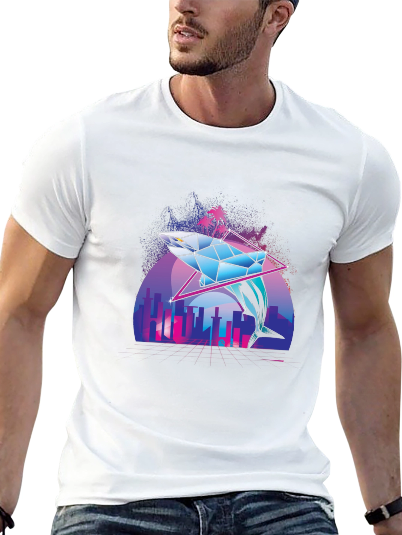 Geometric Dolphin Graphic Tee - Vaporwave Style
