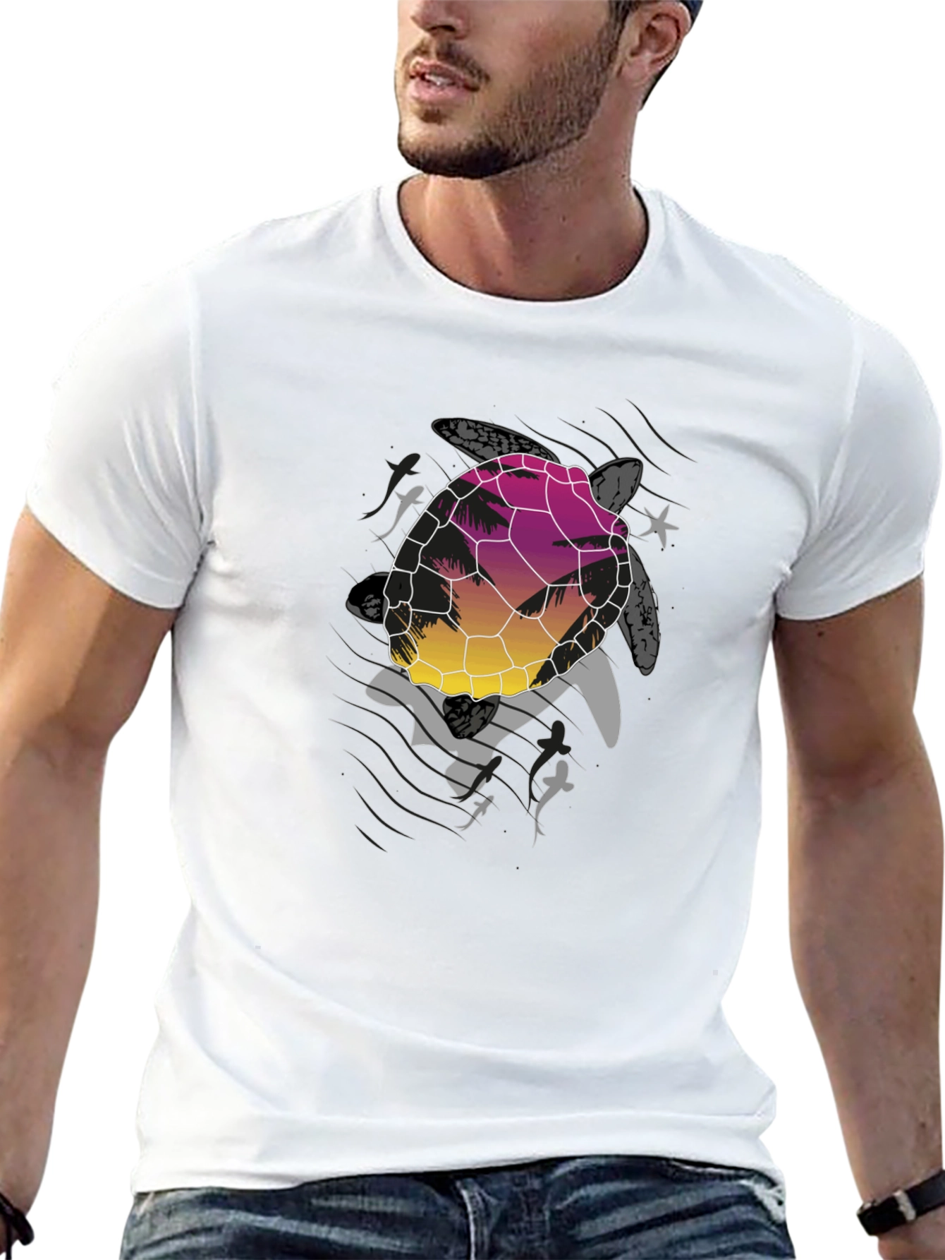 Sunset Turtle Graphic Tee - Black Cotton Blend