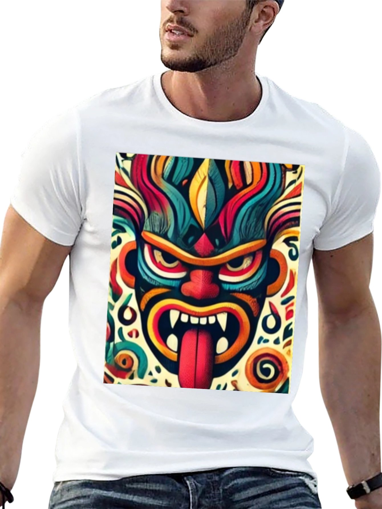 Vibrant Tribal Mask Graphic T-Shirt
