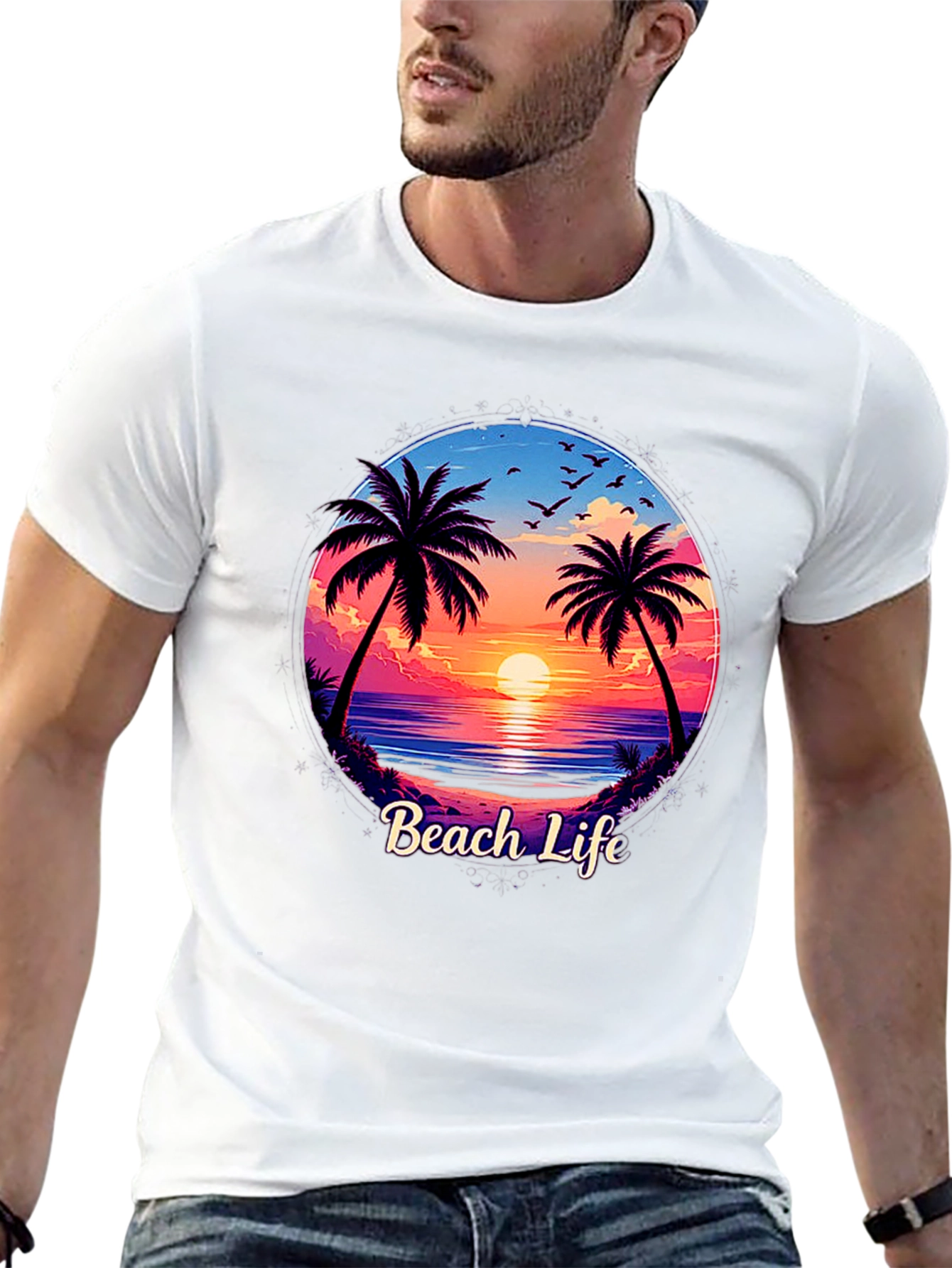 Beach Life Graphic Tee - Sunset Palm Tree Design