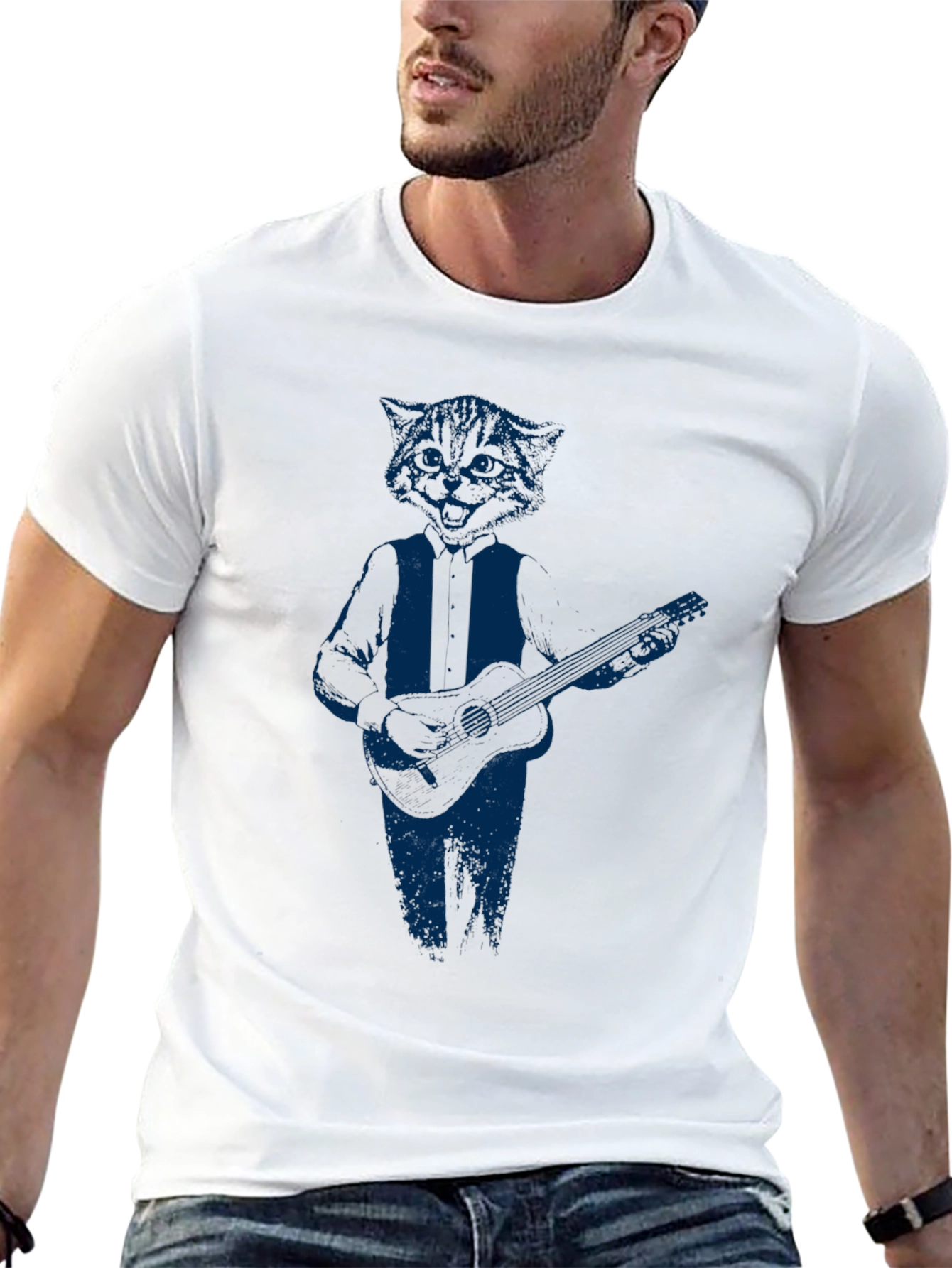 Cool Cat Guitar Player Graphic T-Shirt