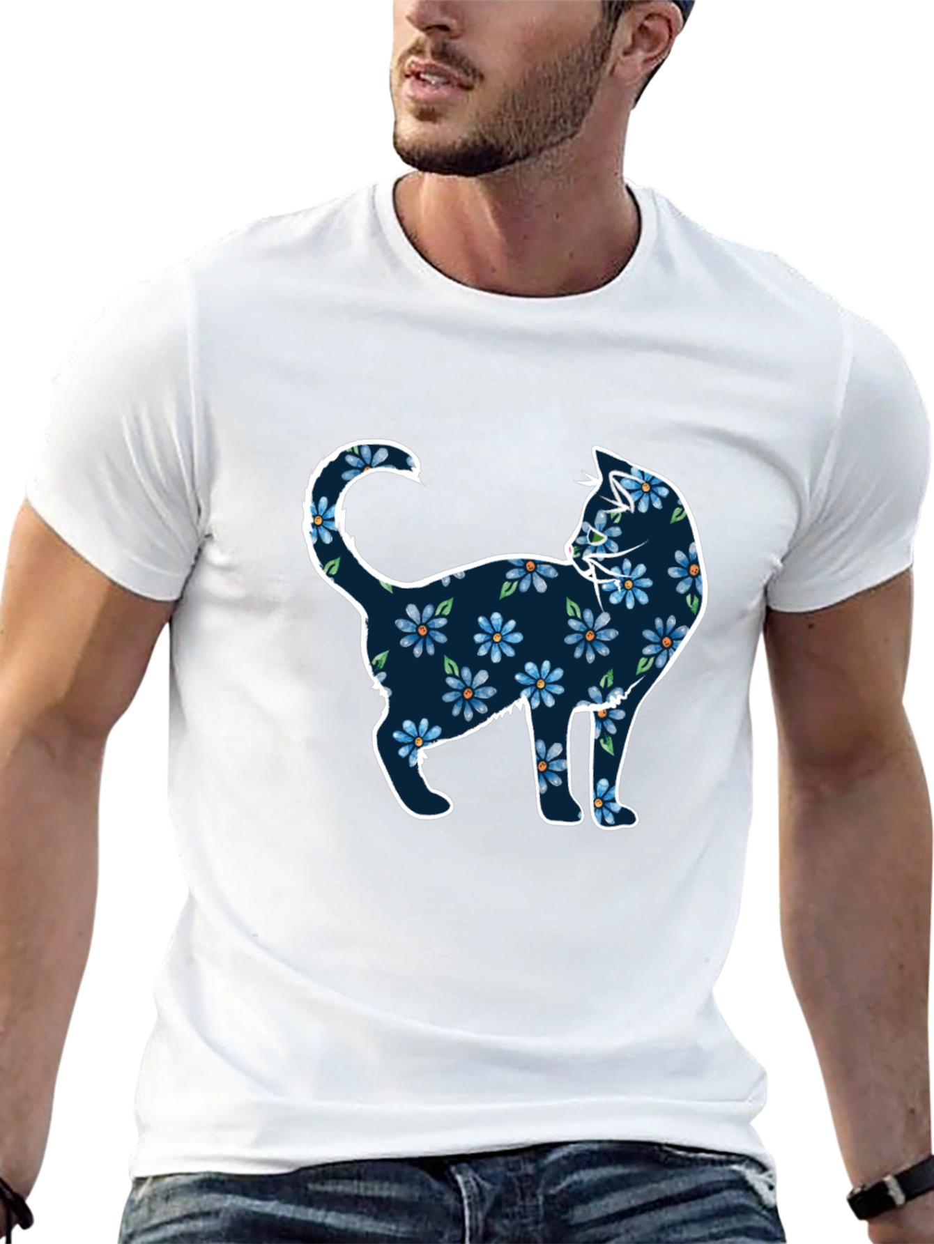 Floral Cat Graphic Tee - Black