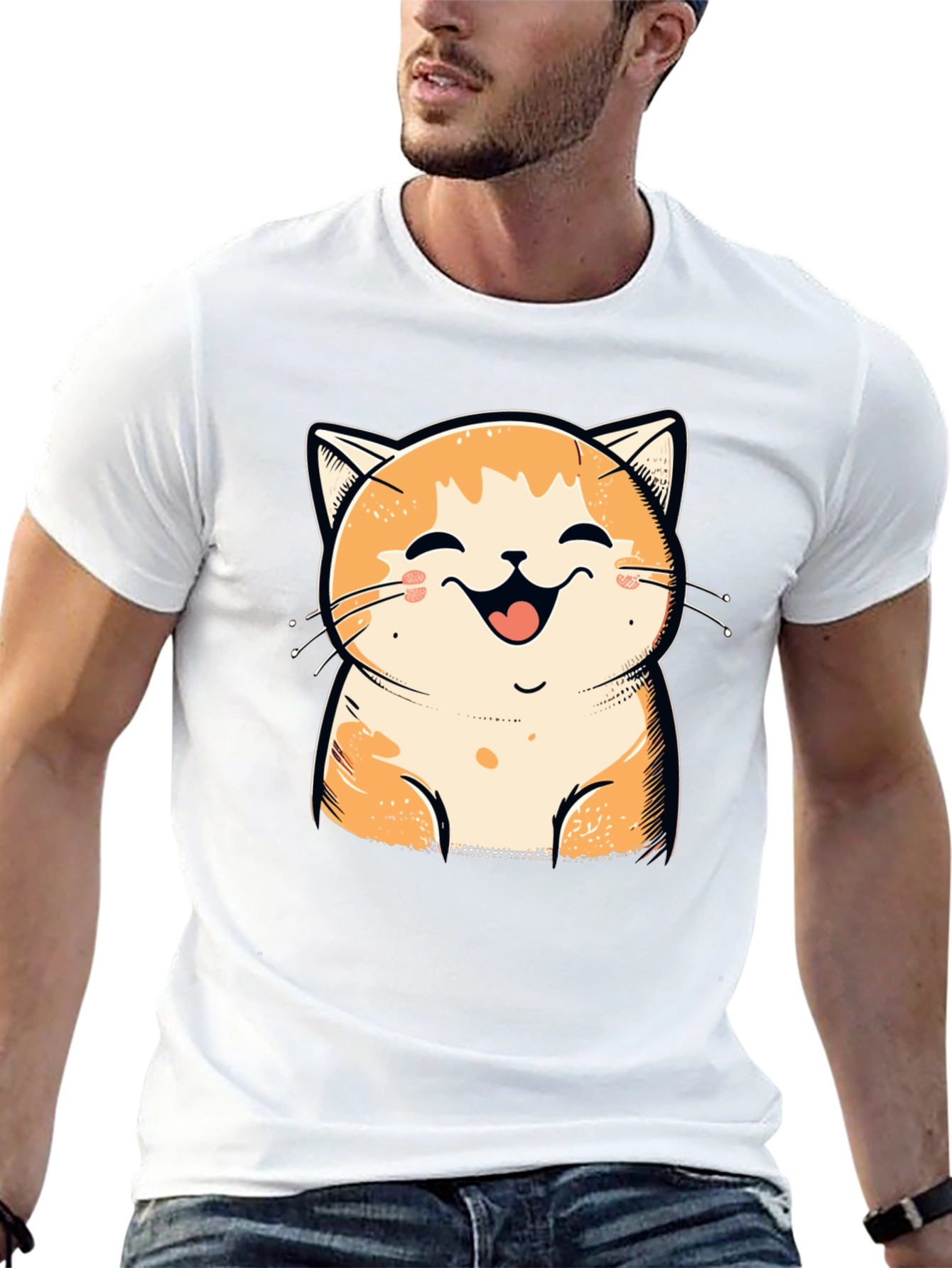 Smiling Cat Graphic Tee - Black Cotton T-Shirt