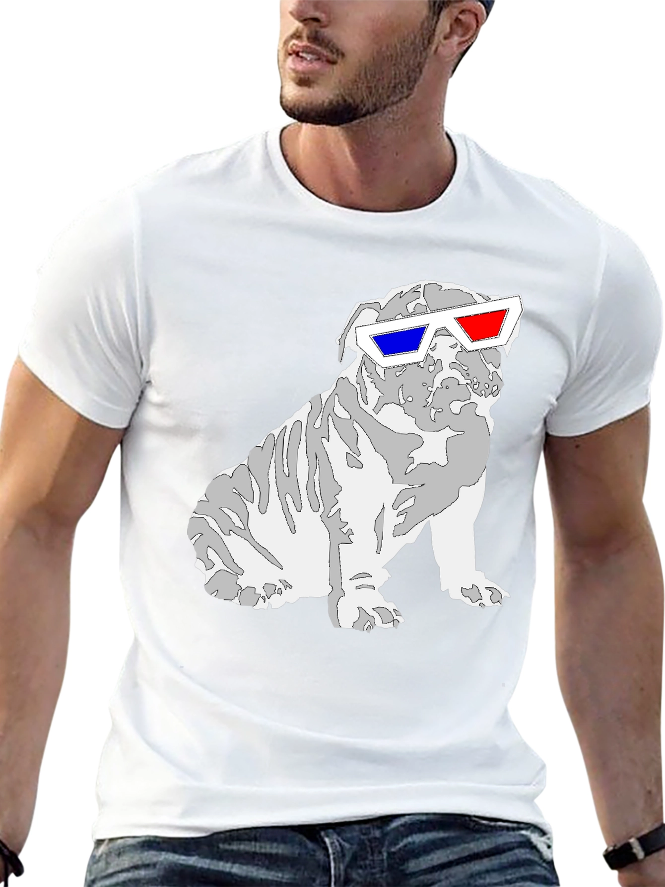 Cool Bulldog 3D Glasses Graphic T-Shirt
