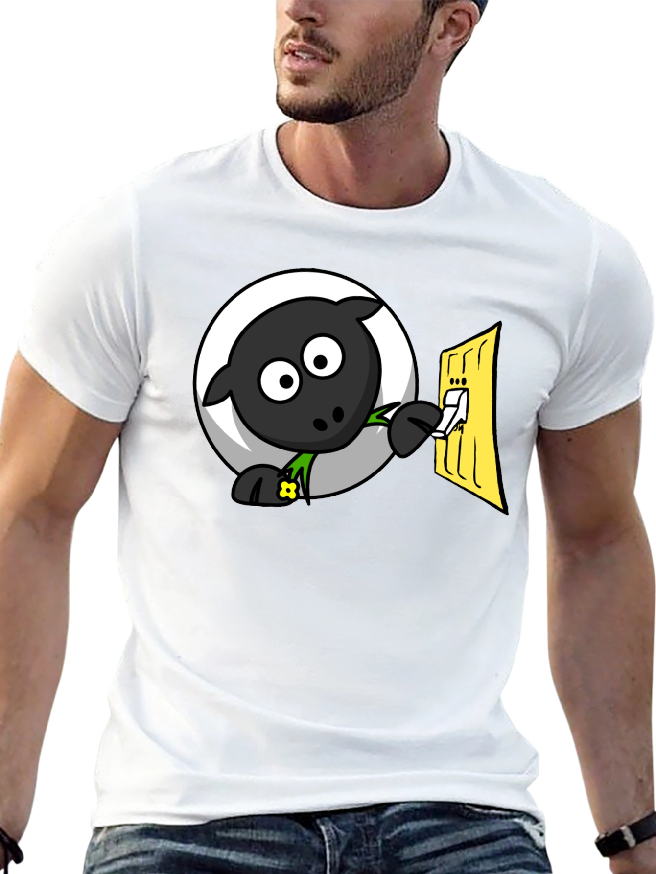 Funny Cartoon Sheep Turning on Light T-Shirt