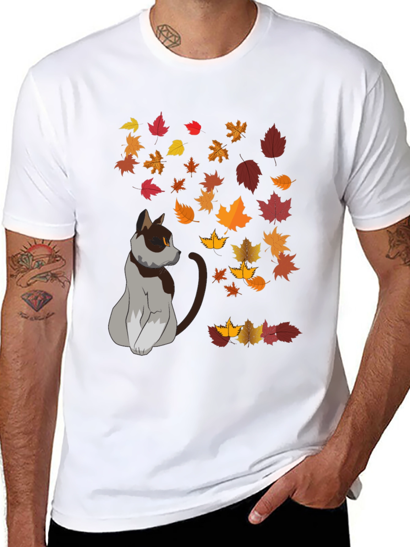 Autumn Cat T-Shirt - Fall Leaves Graphic Tee