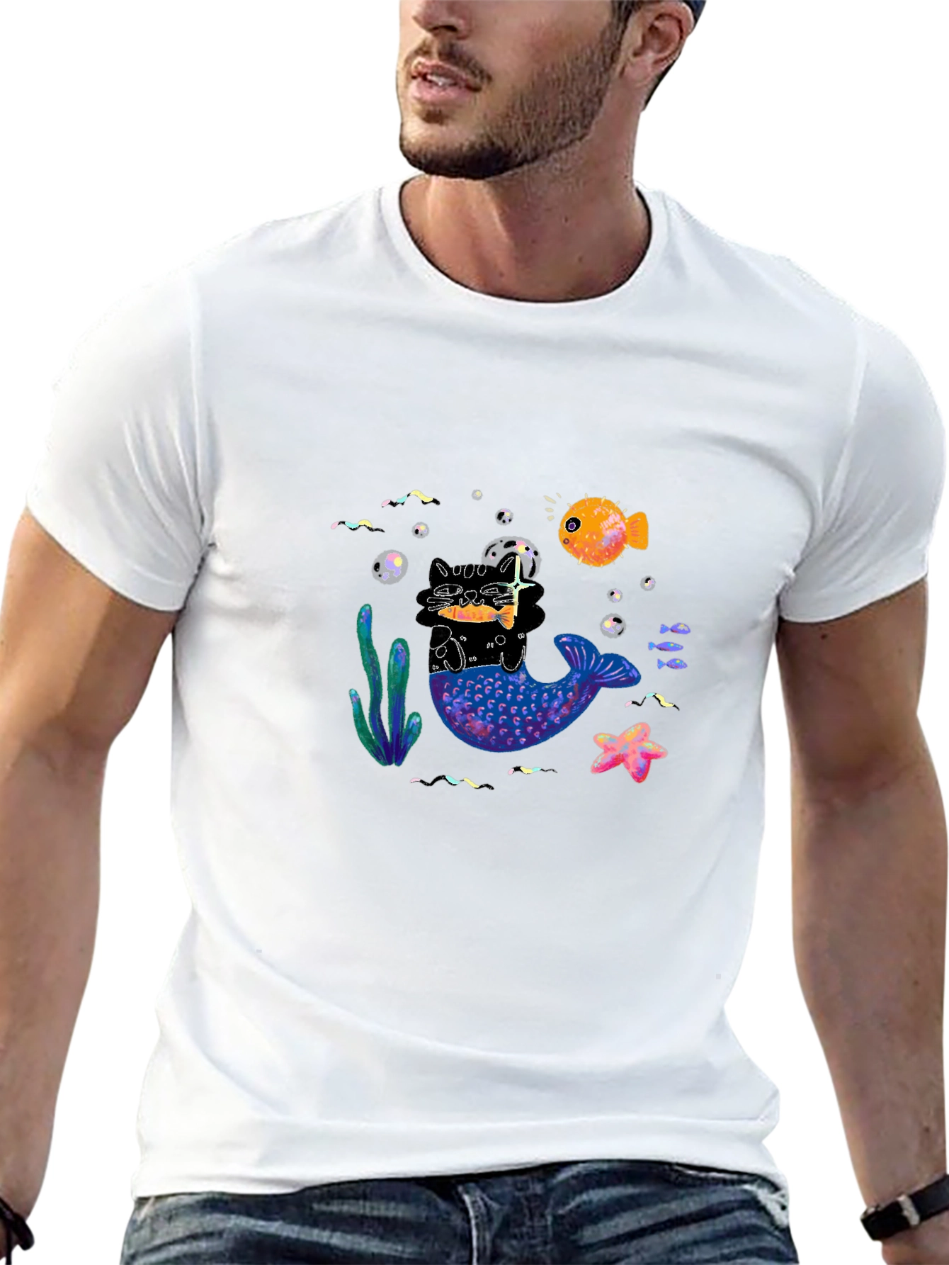 Black T-Shirt with Mermaid Cat Graphic