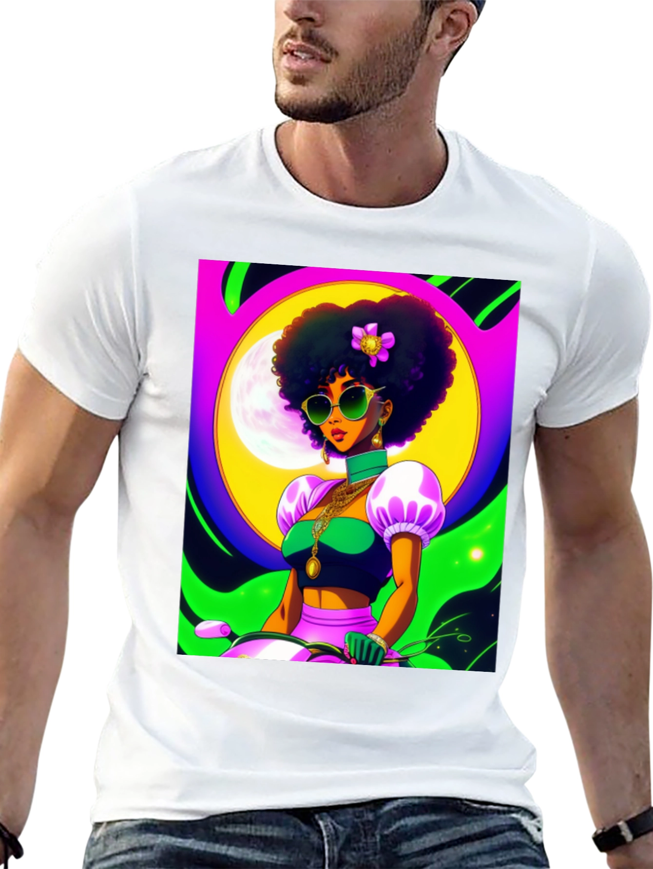 Funky Retro Afro Woman T-Shirt - Black