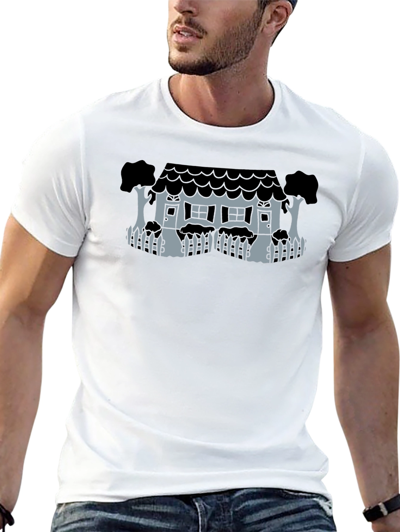 Whimsical House Graphic Tee - Black Unisex T-Shirt