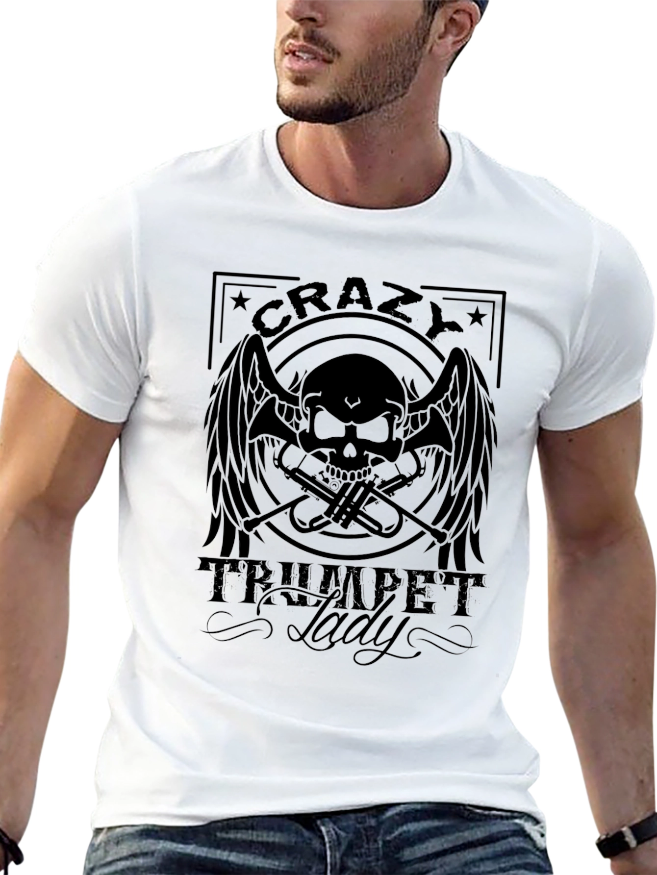 Crazy Trumpet Lady Black Graphic Tee