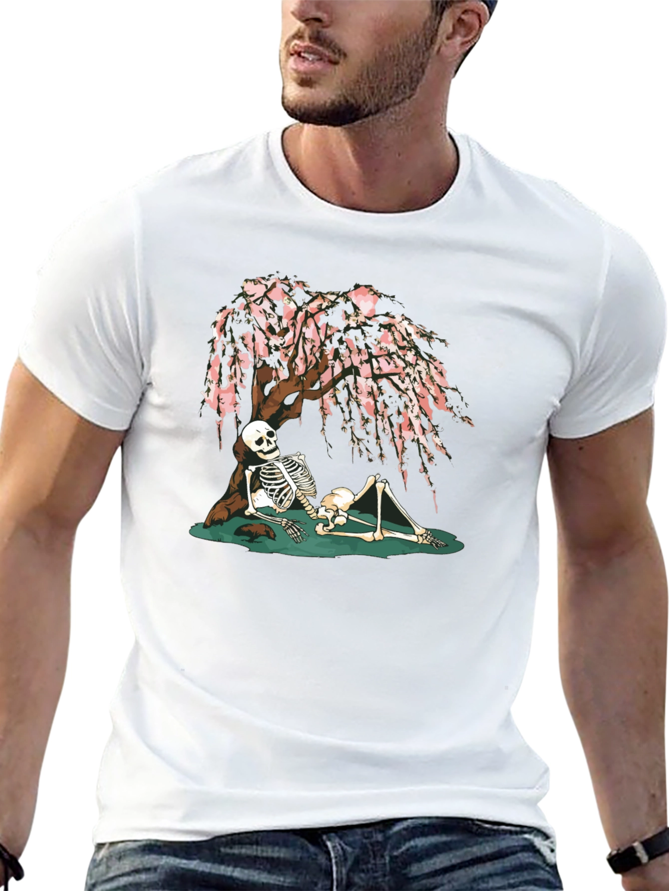 Skeleton Under Cherry Blossom Graphic Tee