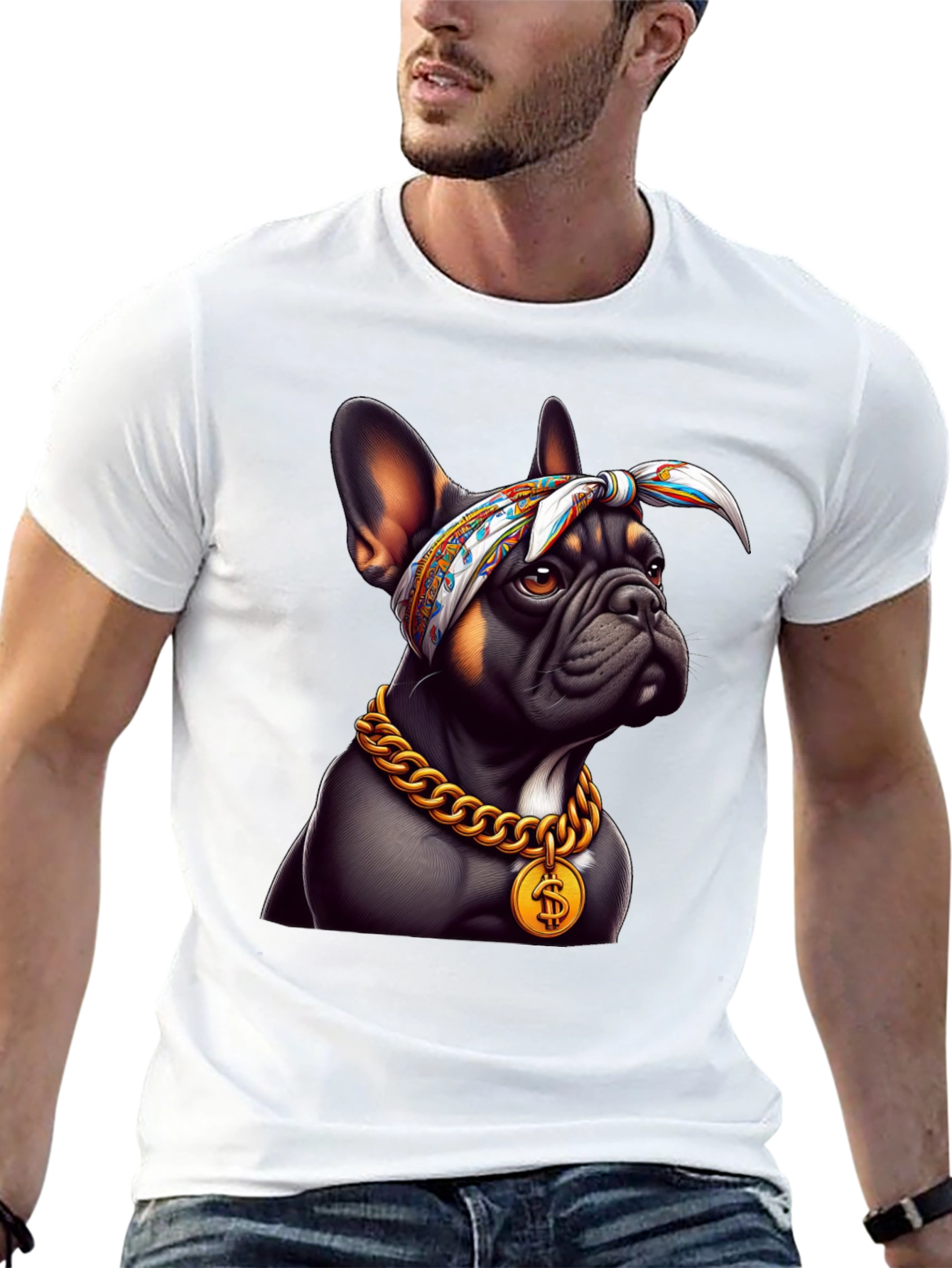Cool Bulldog Wearing Bandana & Gold Chain T-Shirt