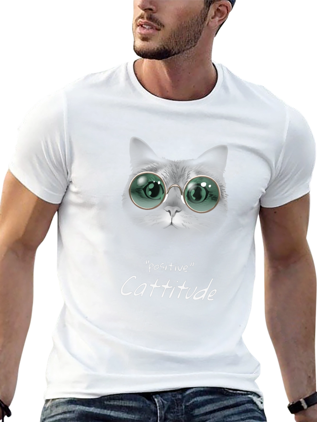 Positive Cattitude Tee - Cat with Glasses Graphic T-Shirt