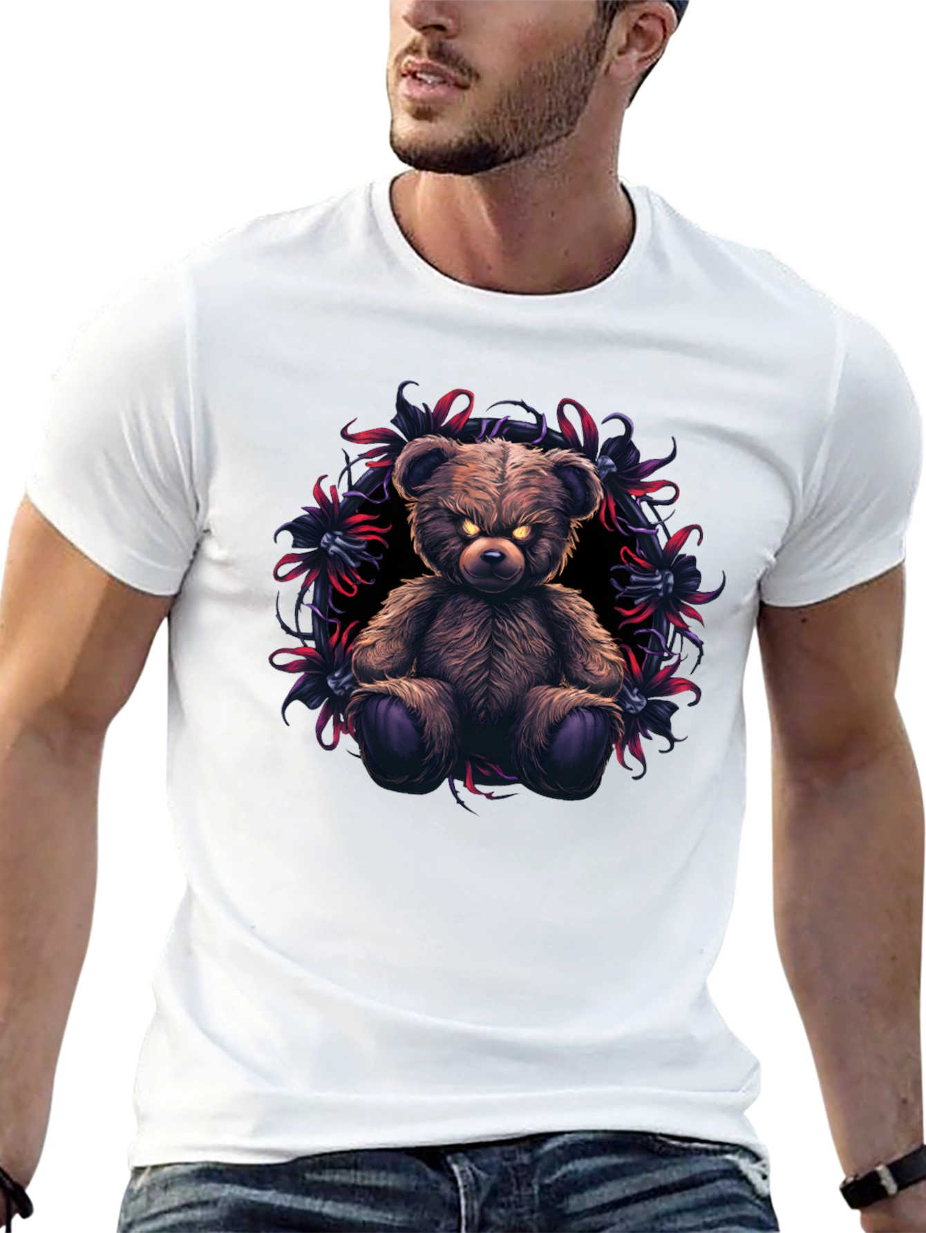 Mens Black T-Shirt with Evil Teddy Bear Graphic