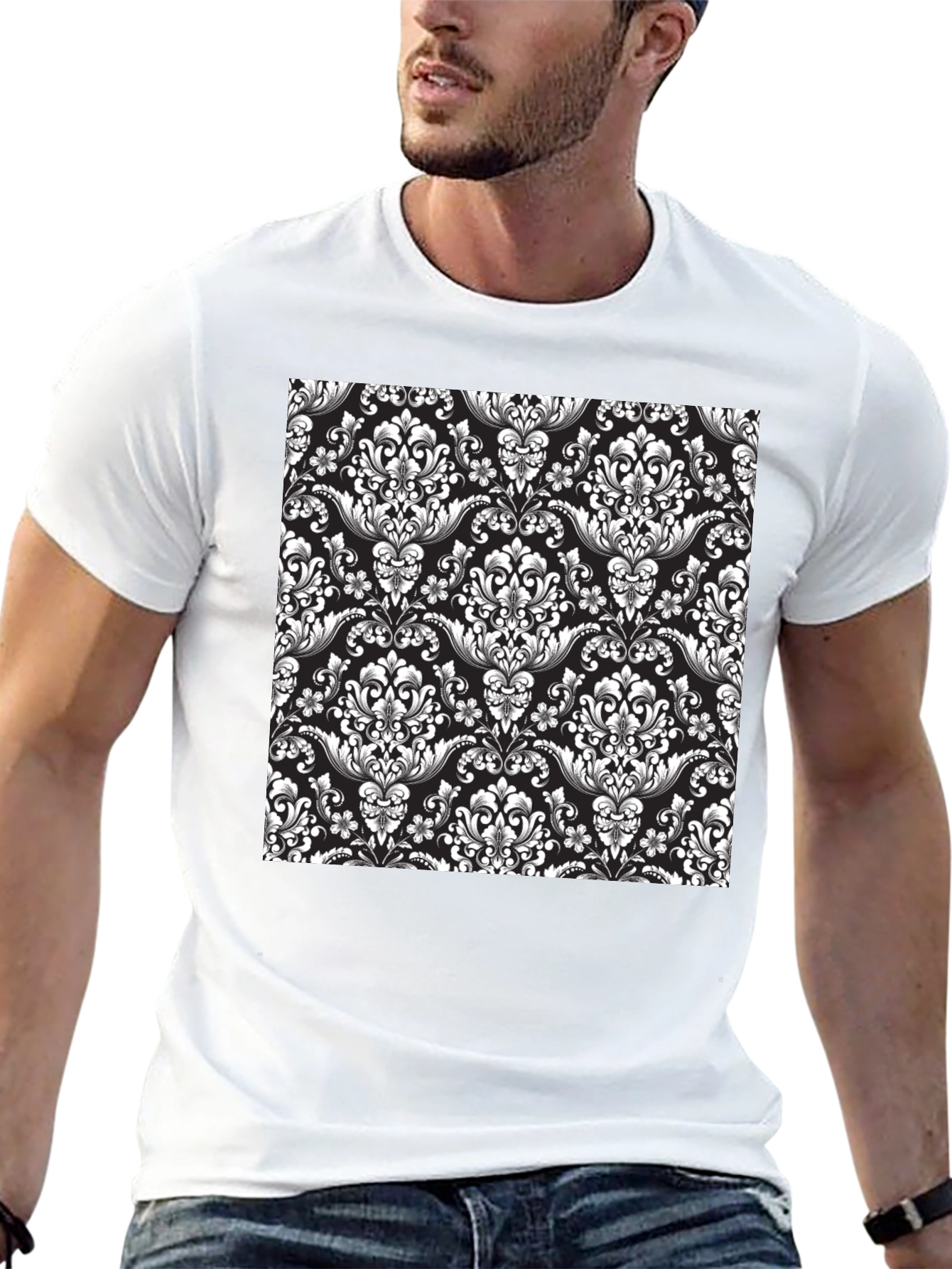 Elegant Black T-Shirt with Floral Damask Print