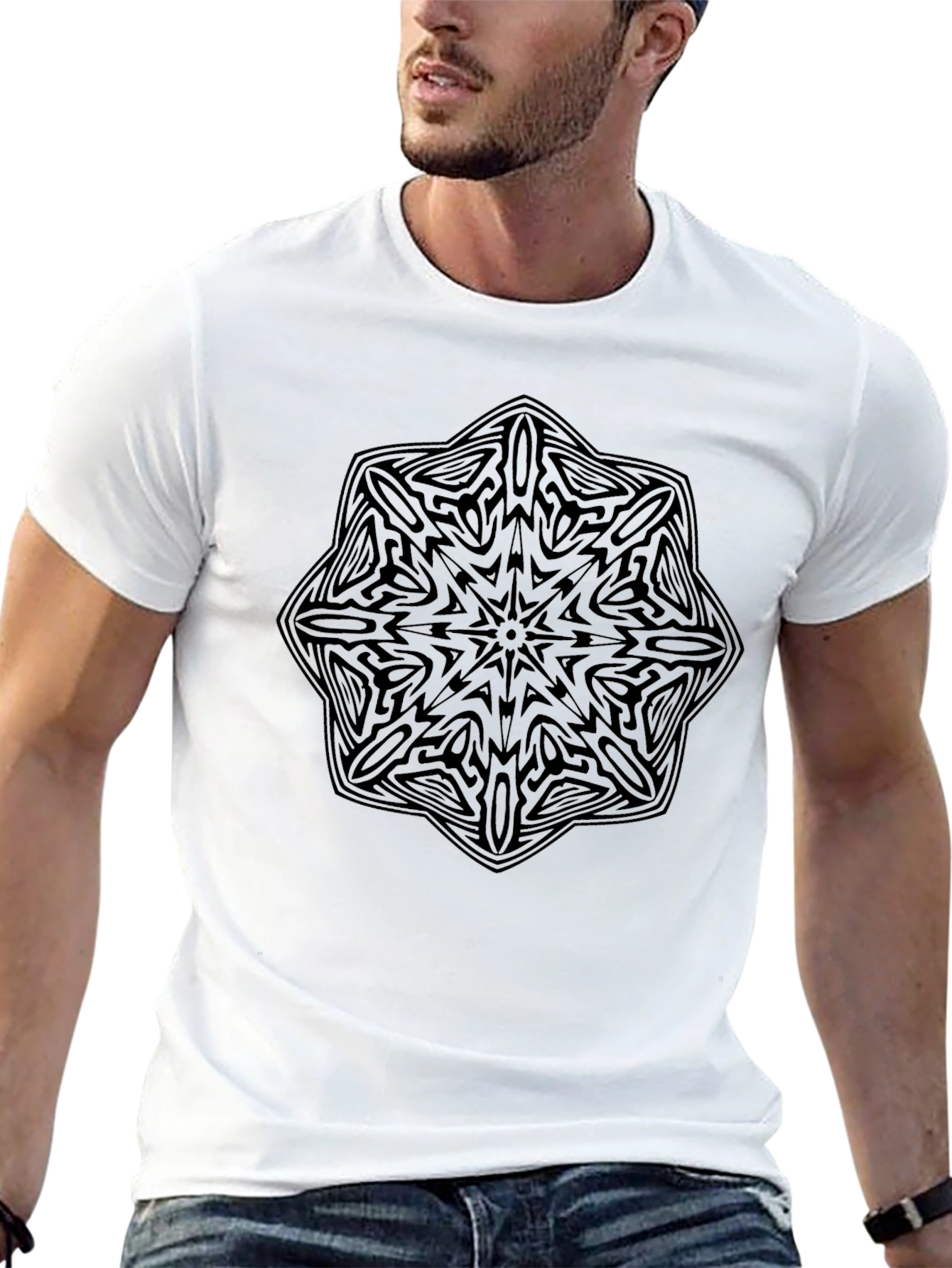 Black Geometric Mandala Graphic Tee - Mens Casual T-Shirt