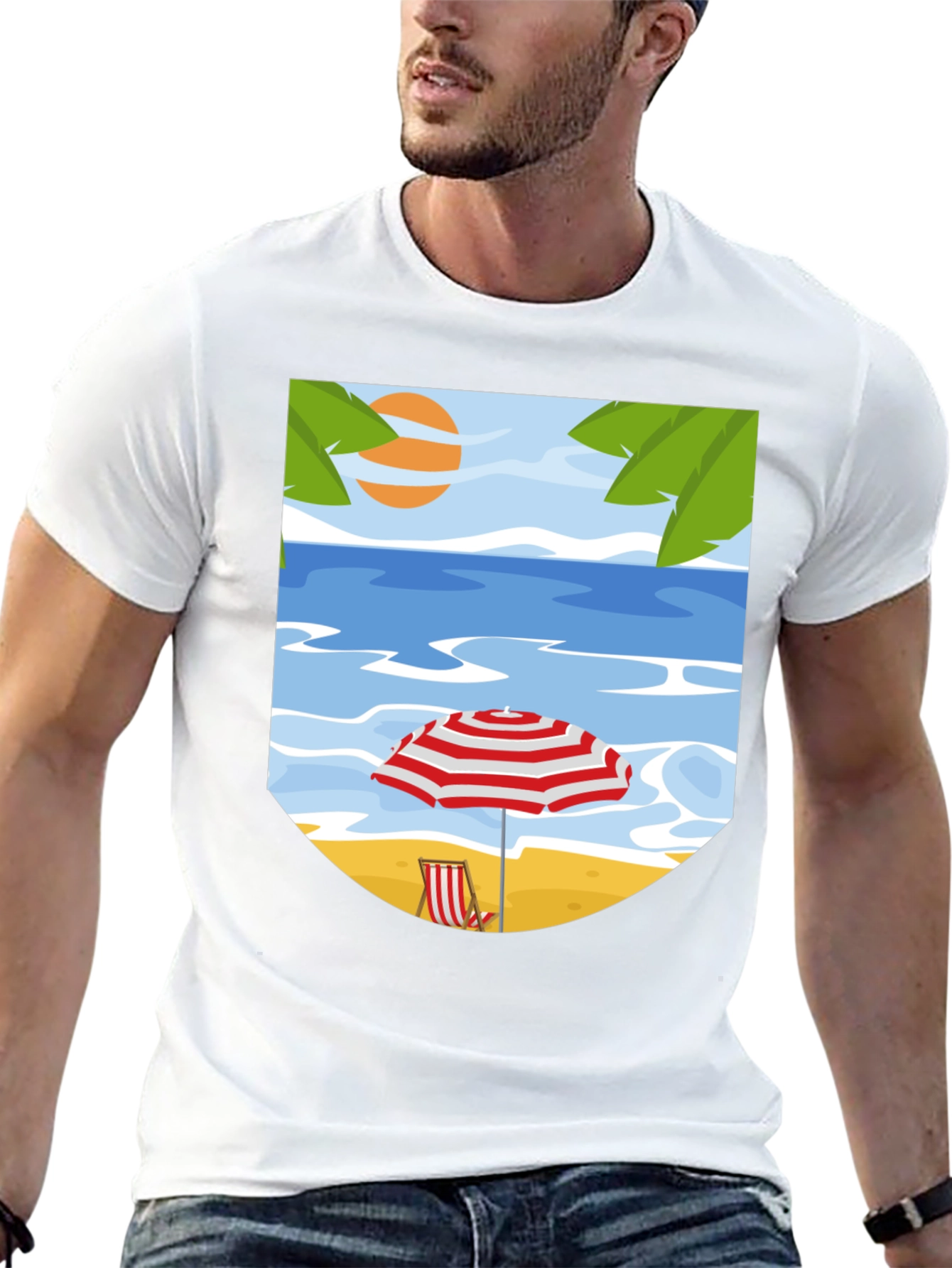 Beach Scene Graphic Tee - Black Cotton T-Shirt