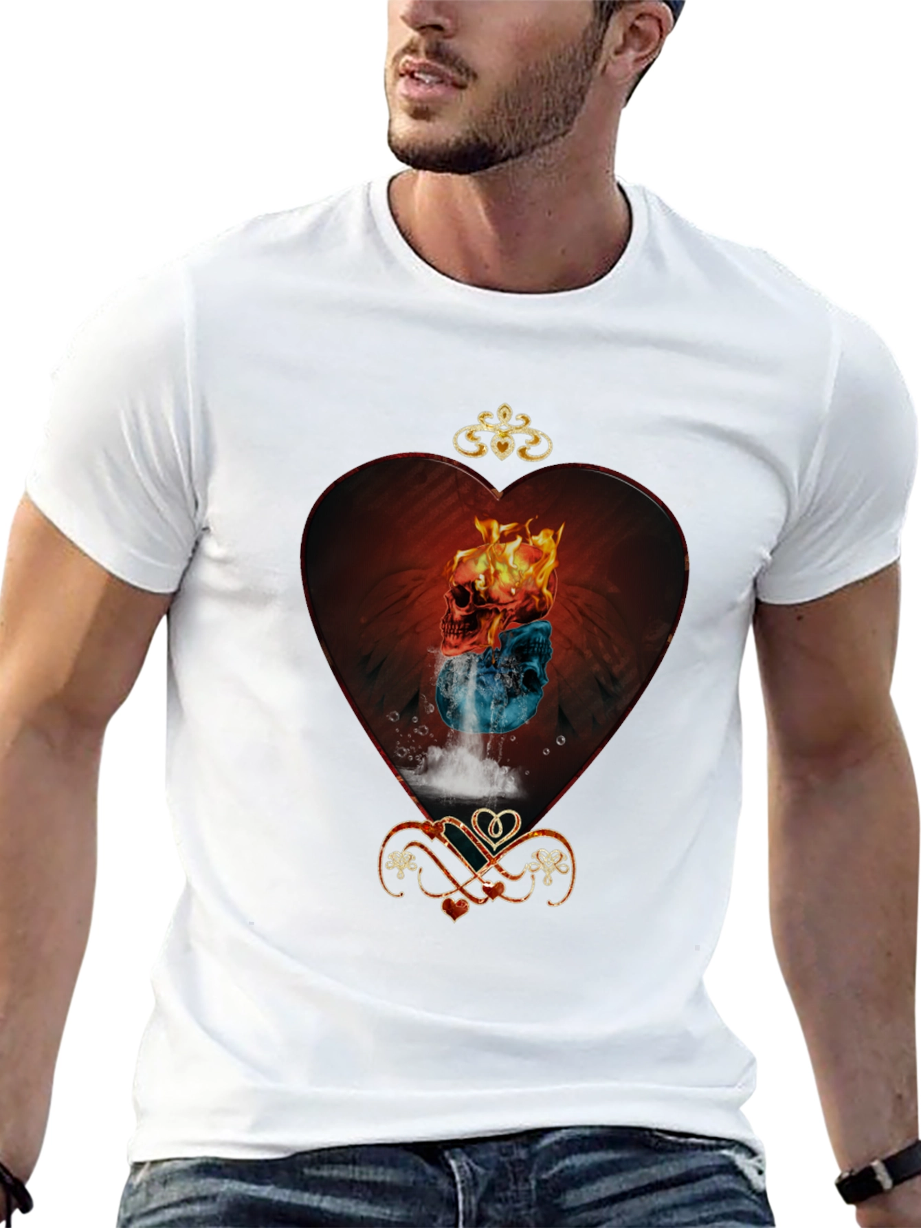 Fire and Ice Skull Heart Graphic Tee