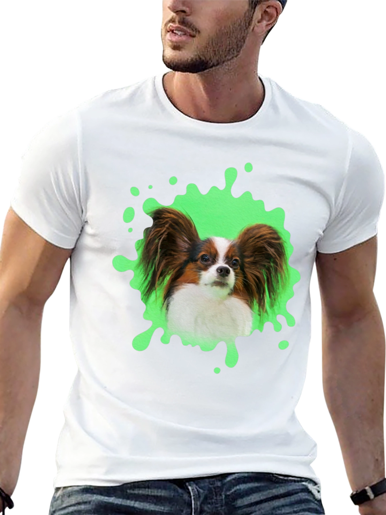 Papillon Dog T-Shirt: Funky Green Splatter Design