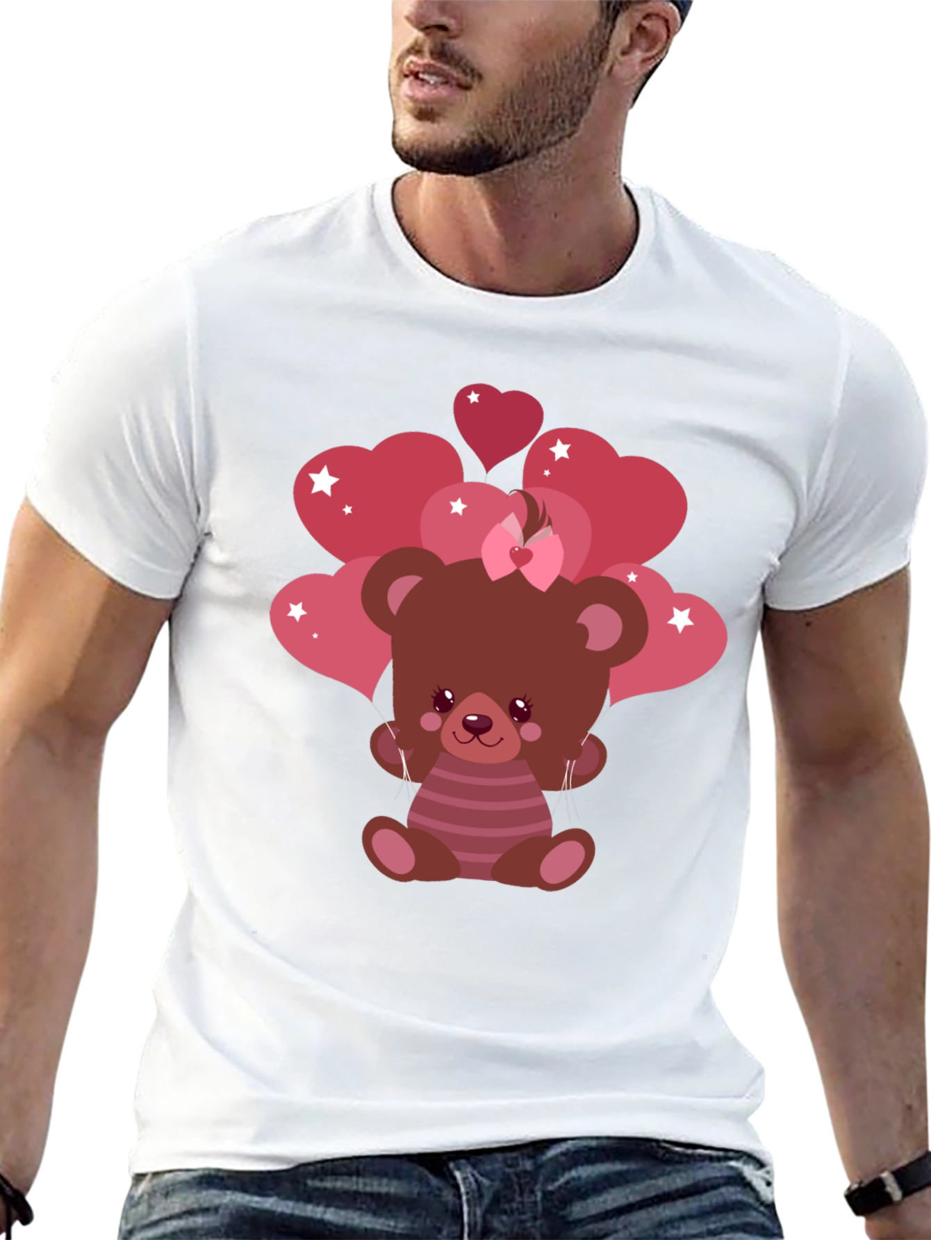 Cute Bear with Heart Balloons Black T-Shirt