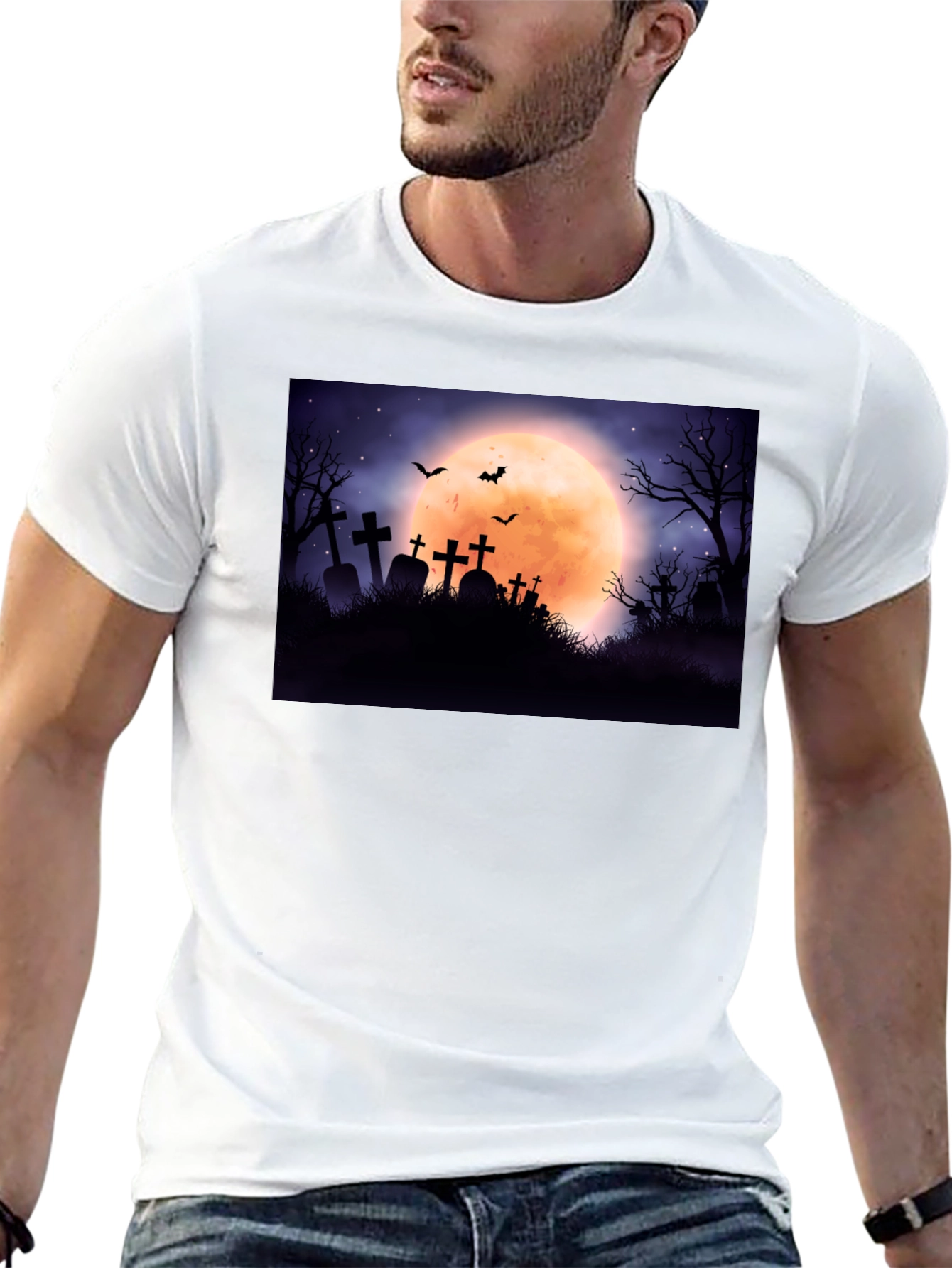 Spooky Cemetery Moon Halloween Graphic Tee