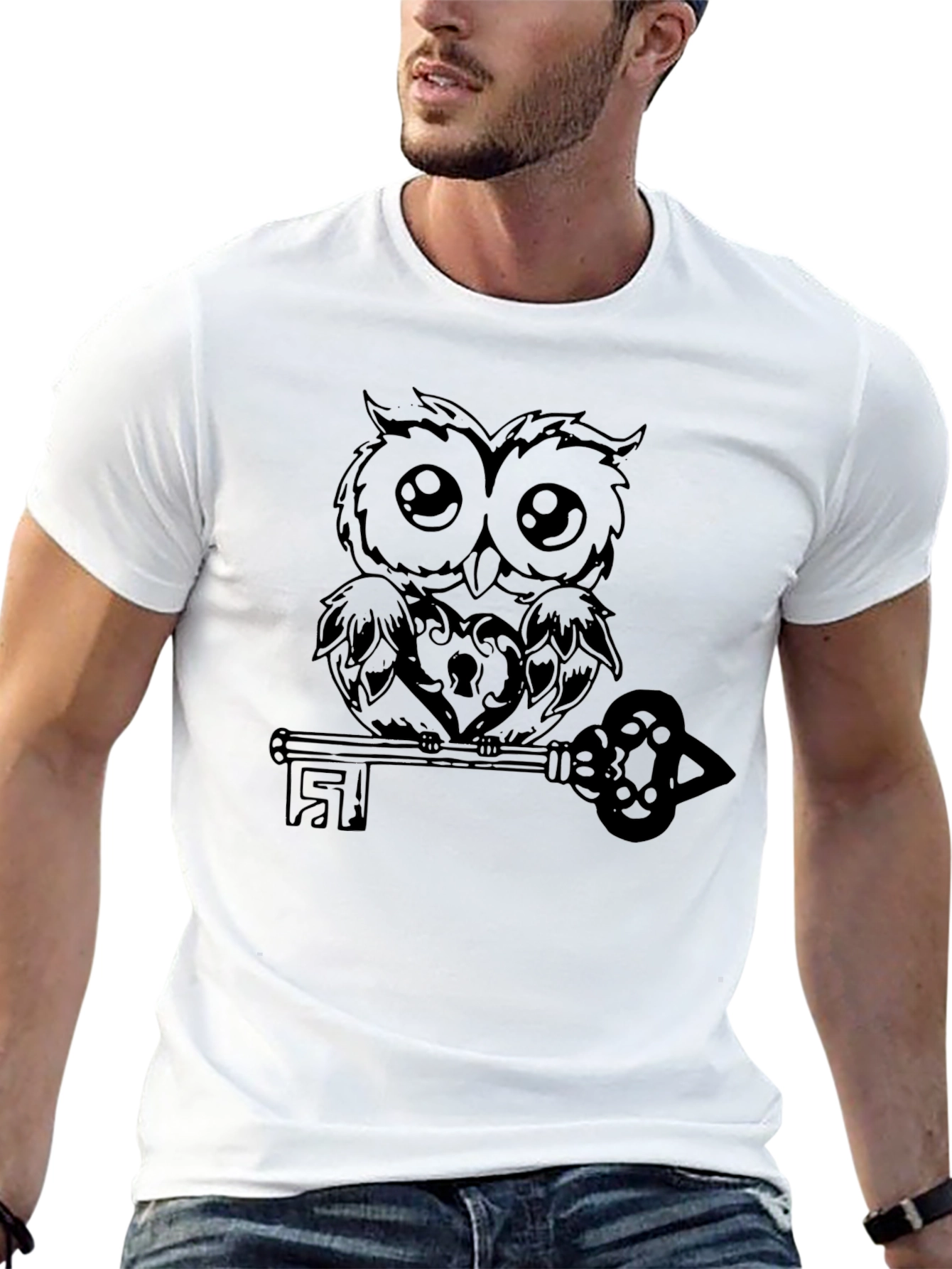 Owl and Key Graphic Black T-Shirt