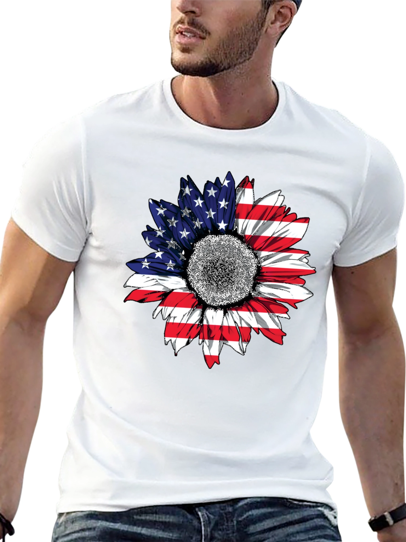 American Flag Sunflower T-Shirt Patriotic USA
