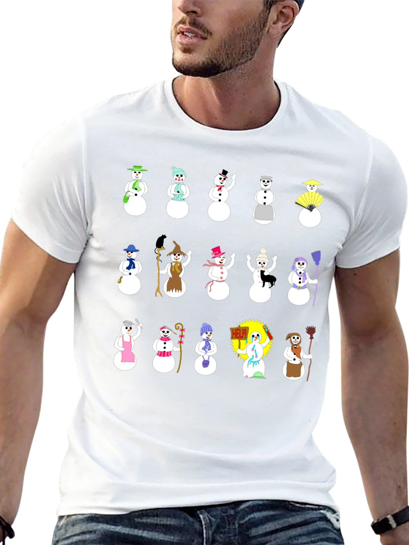Whimsical Snowman Character T-Shirt - Black