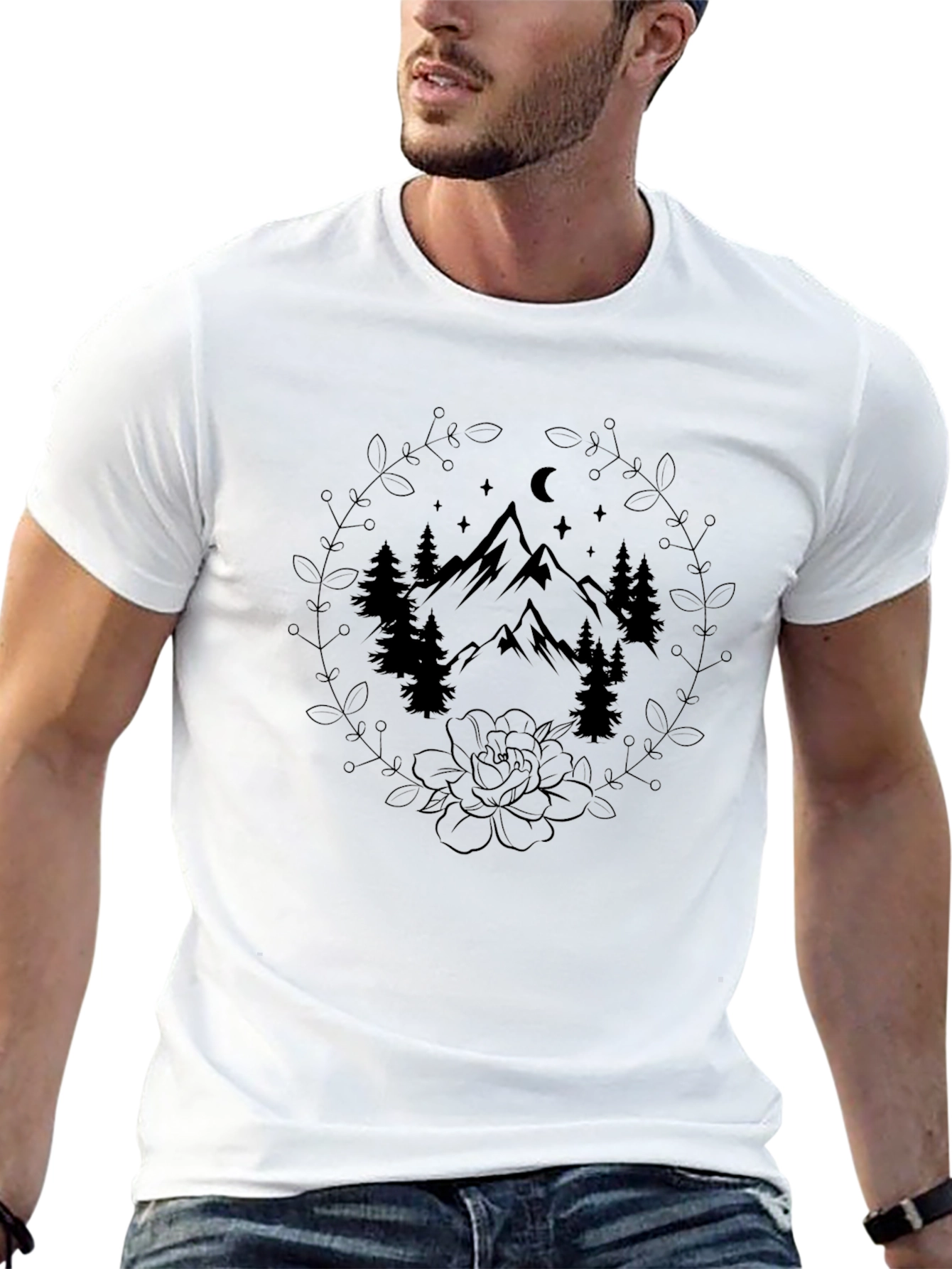 Mountain & Floral Graphic Tee - Black
