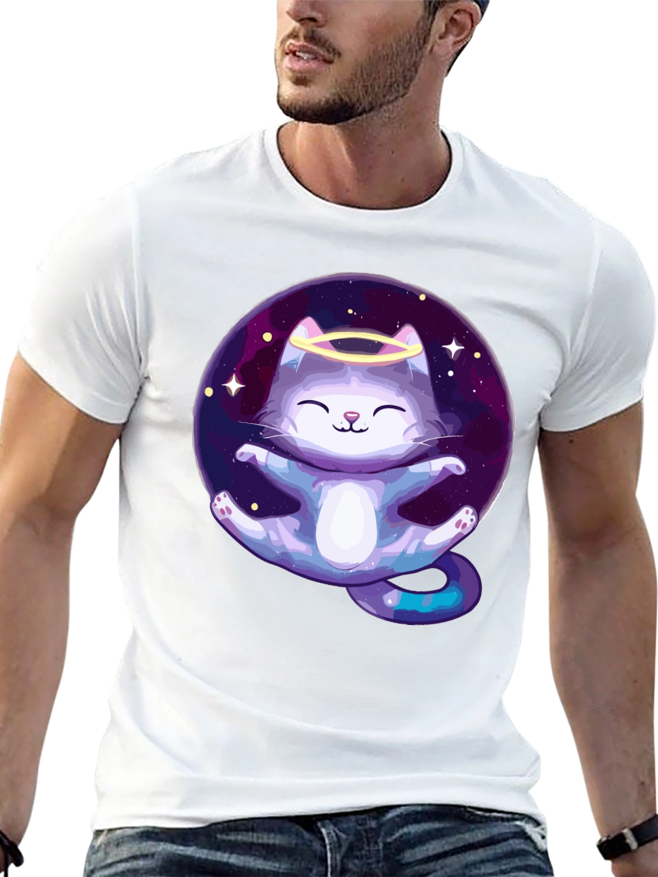 Cosmic Cat Angel T-Shirt - Black Cotton Tee