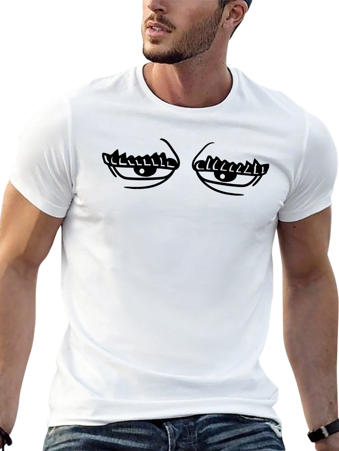 Mens Black Graphic Tee - Funny Sleepy Eyes Design