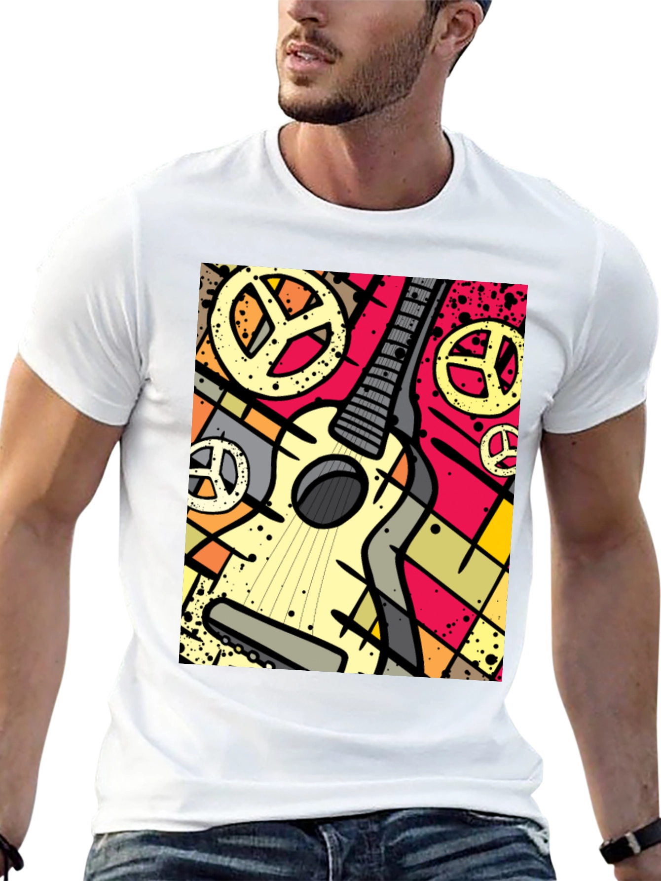 Guitar Peace Sign Graphic Tee - Black Cotton