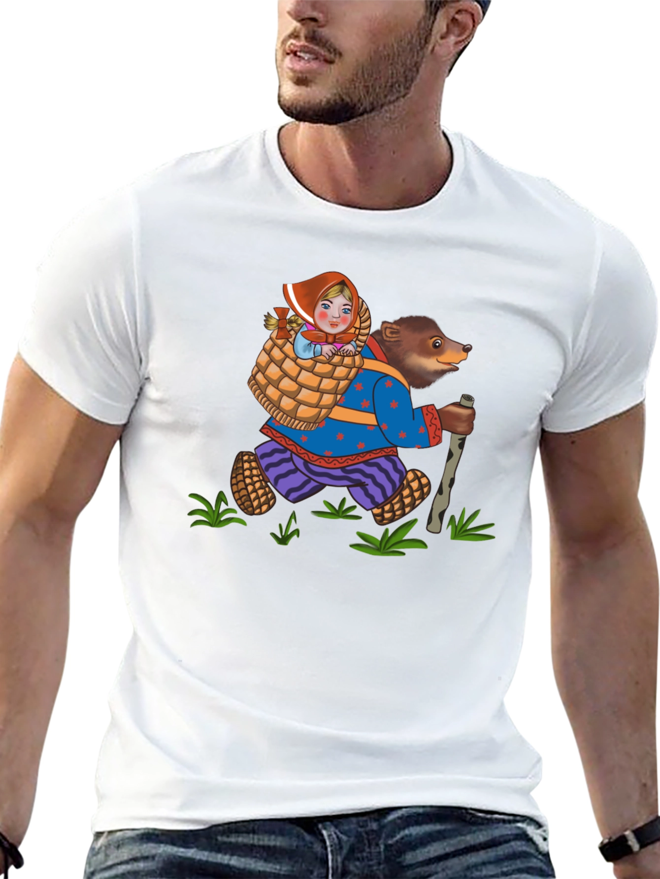 Bear and Girl Cartoon Black T-Shirt