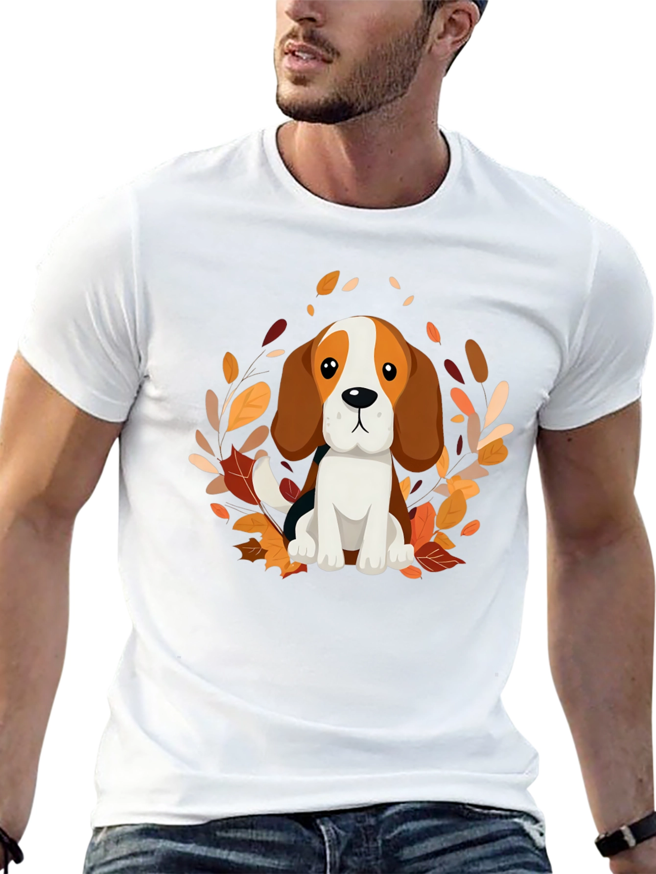 Cute Beagle Dog Fall Leaves Black T-Shirt