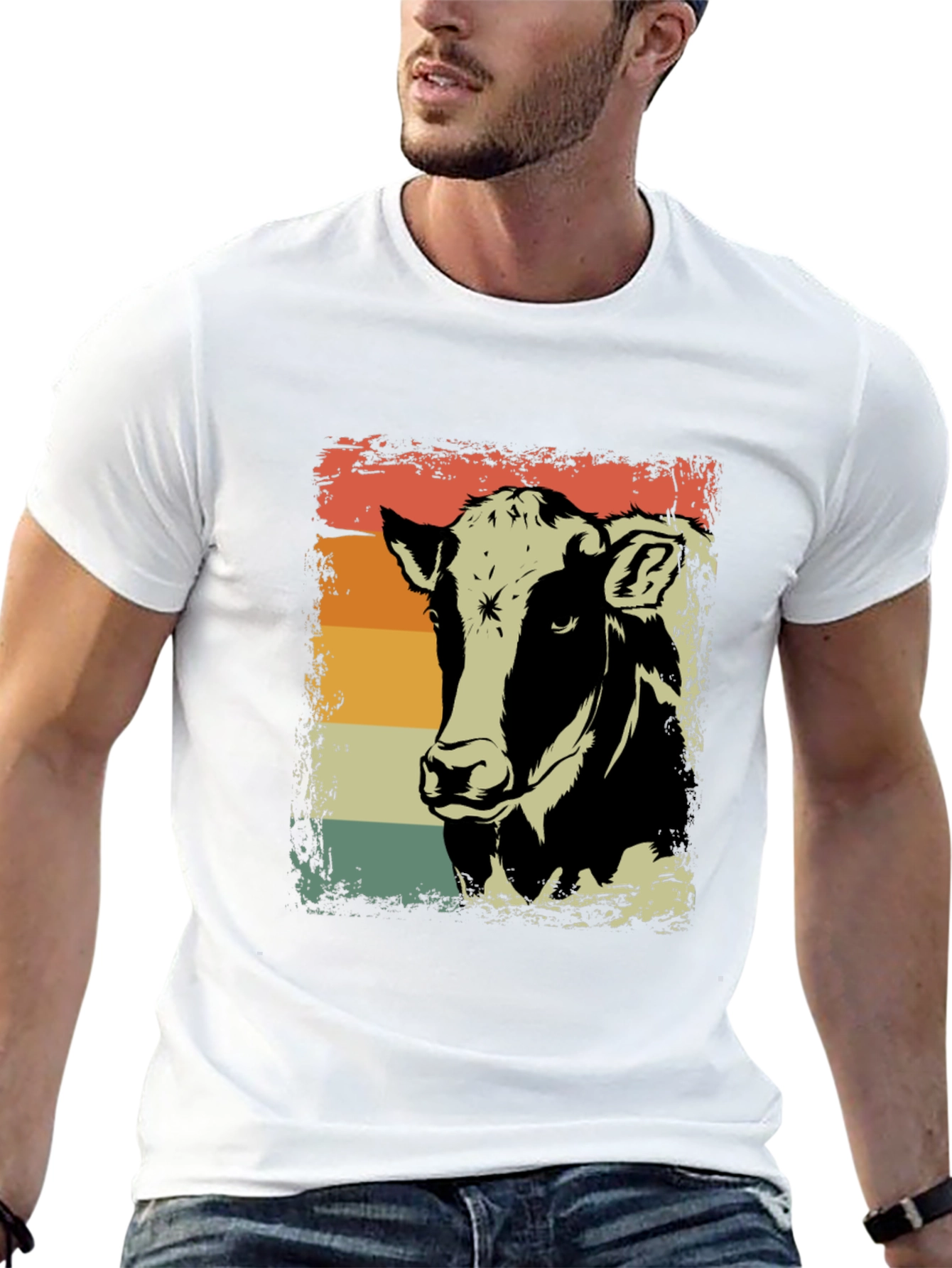 Retro Cow Graphic Tee - Black Cotton Shirt