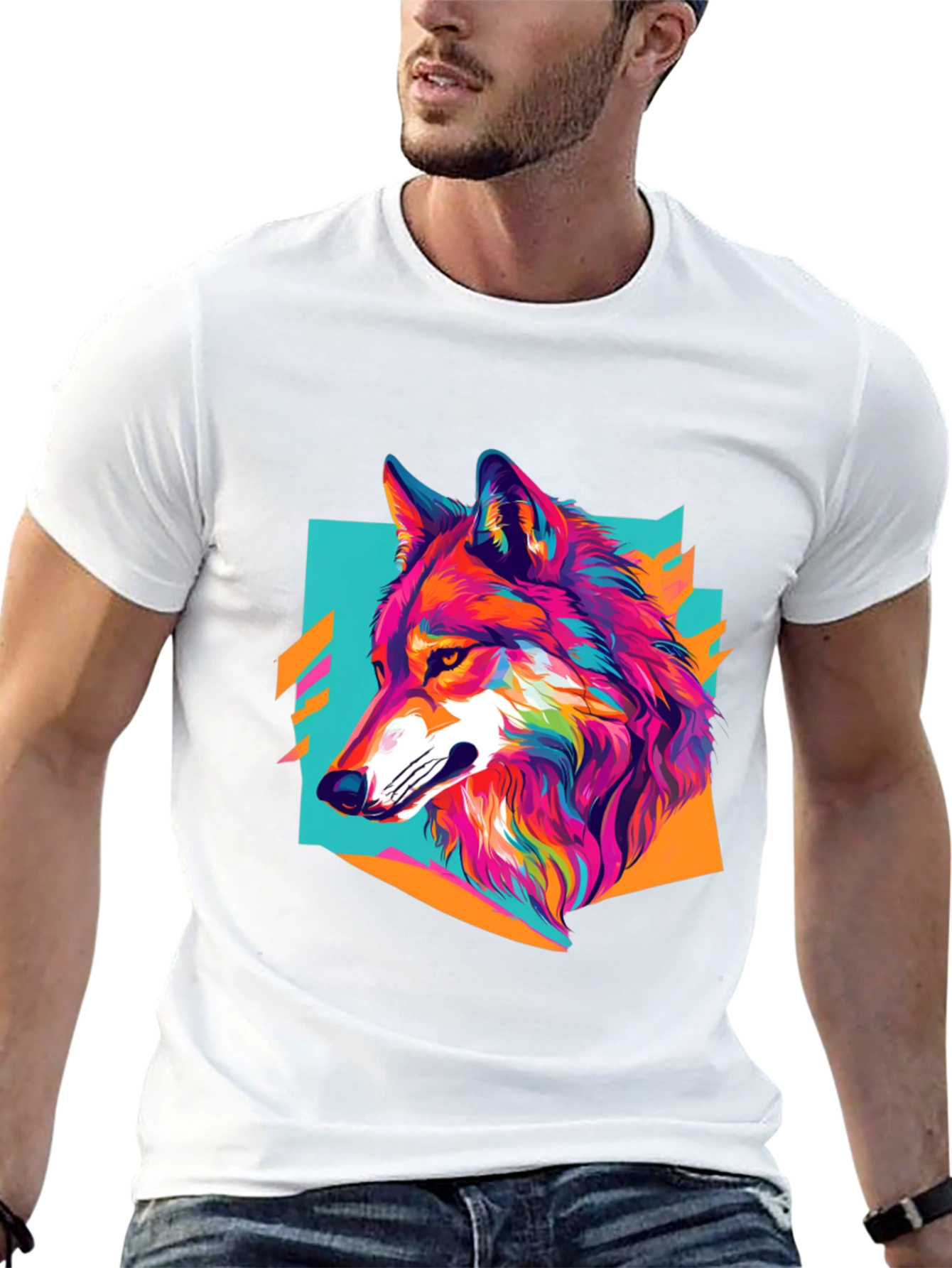 Vibrant Wolf Graphic Tee - Black Cotton Blend Shirt