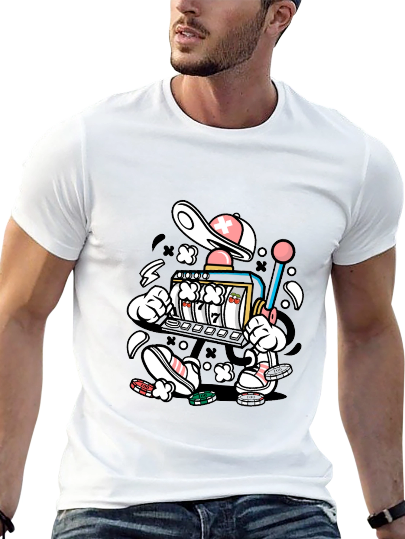 Cartoon Slot Machine Graphic Tee - Black