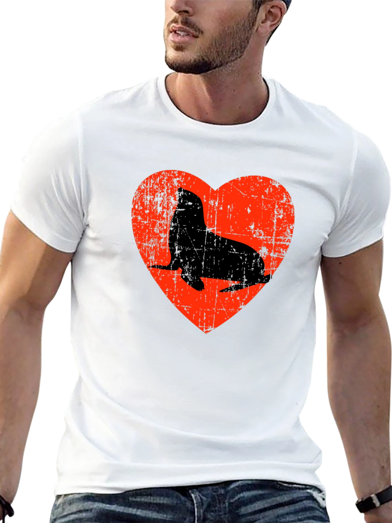 Seal Heart Distressed Graphic Black T-Shirt