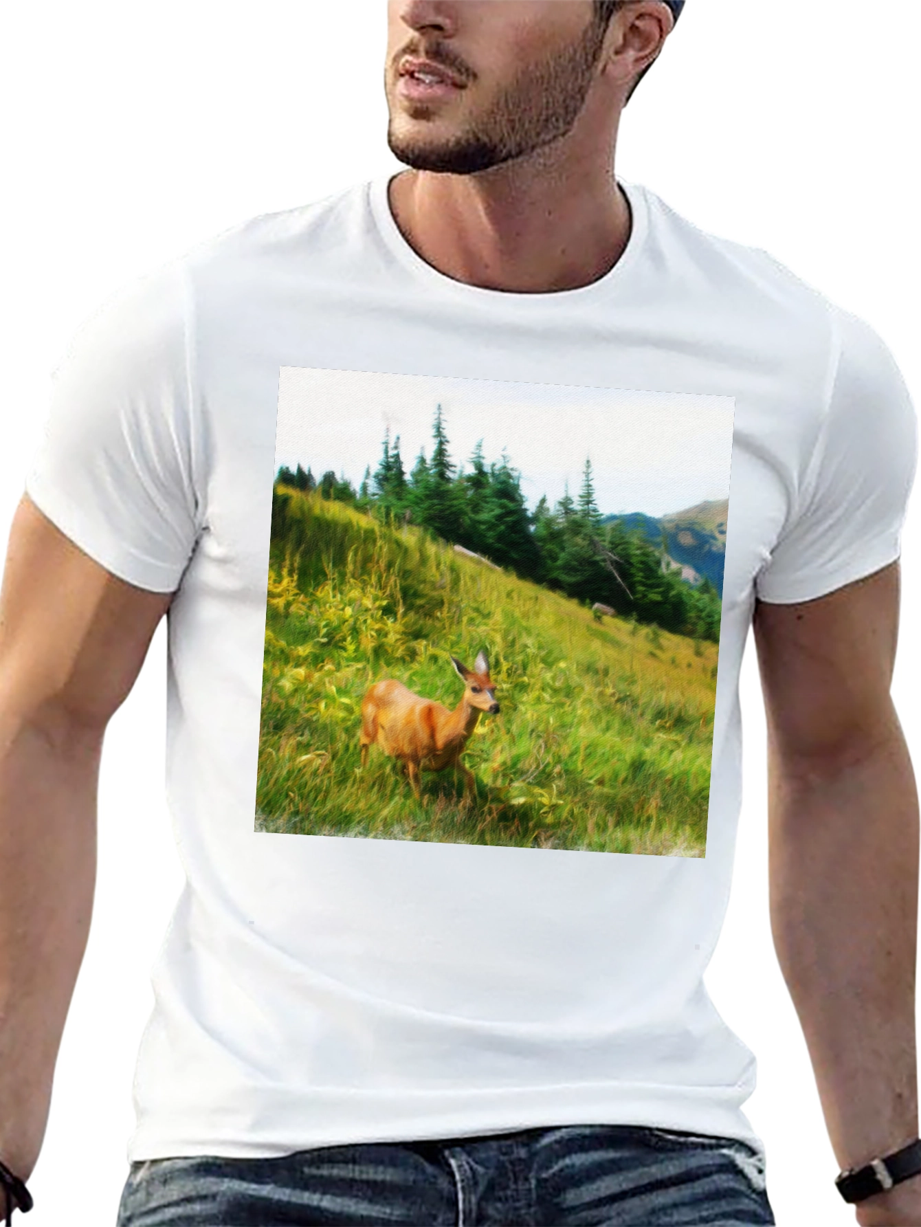 Nature Scene Deer Graphic Tee - Unisex Black T-Shirt