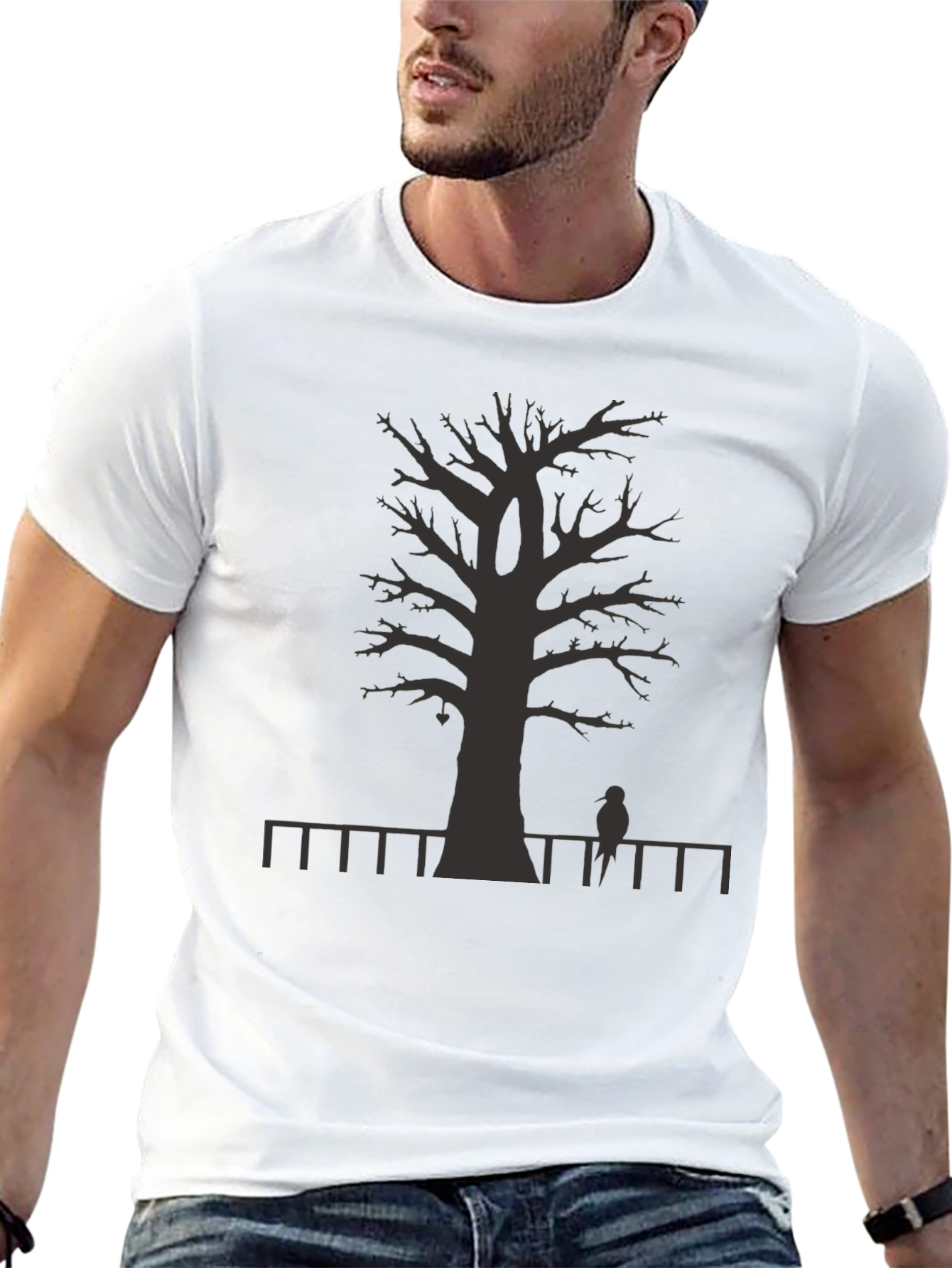Mens Black T-shirt - Tree Fence Bird Design
