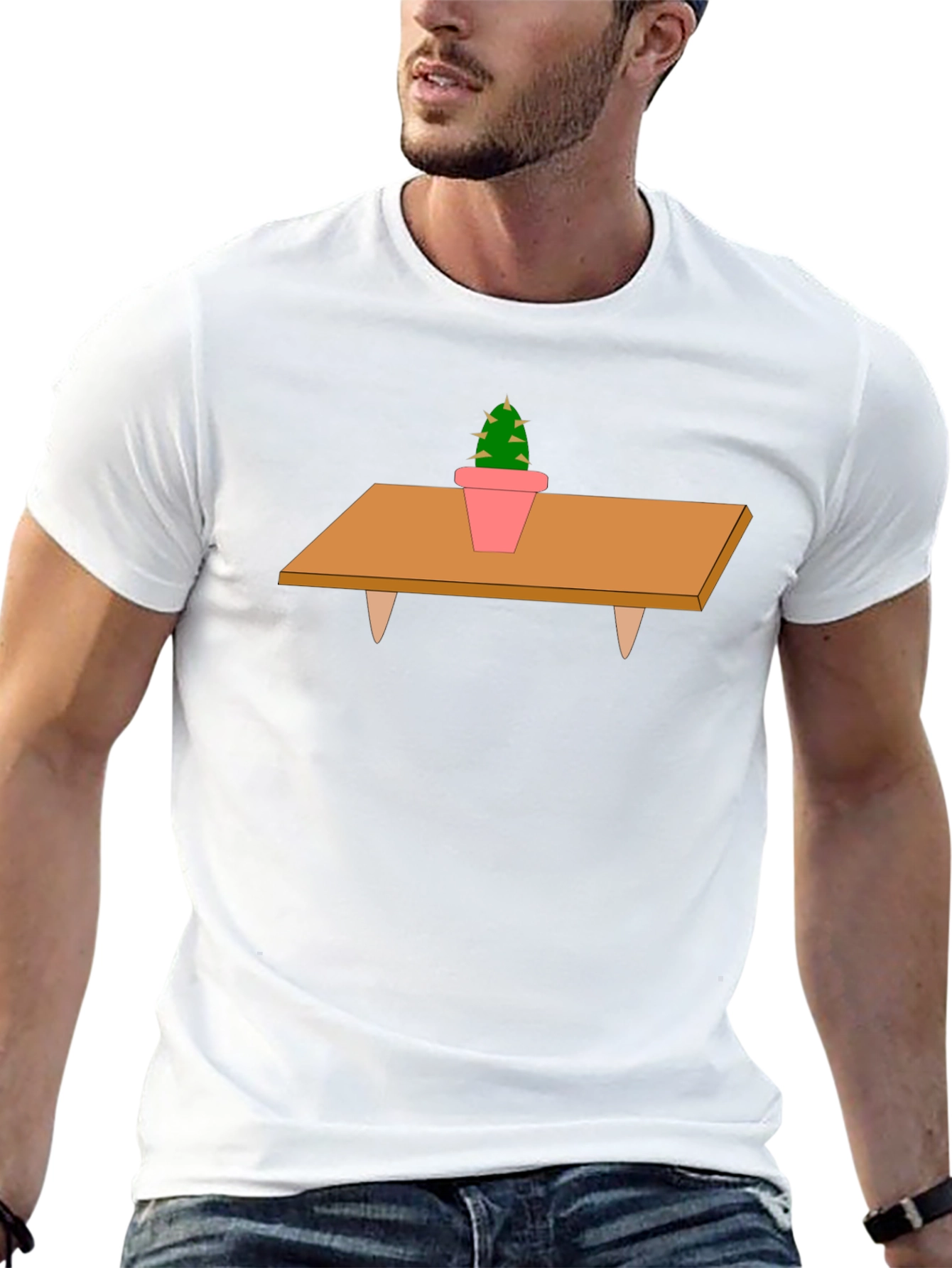 Cactus on Table Graphic T-Shirt - Unique Print Tee